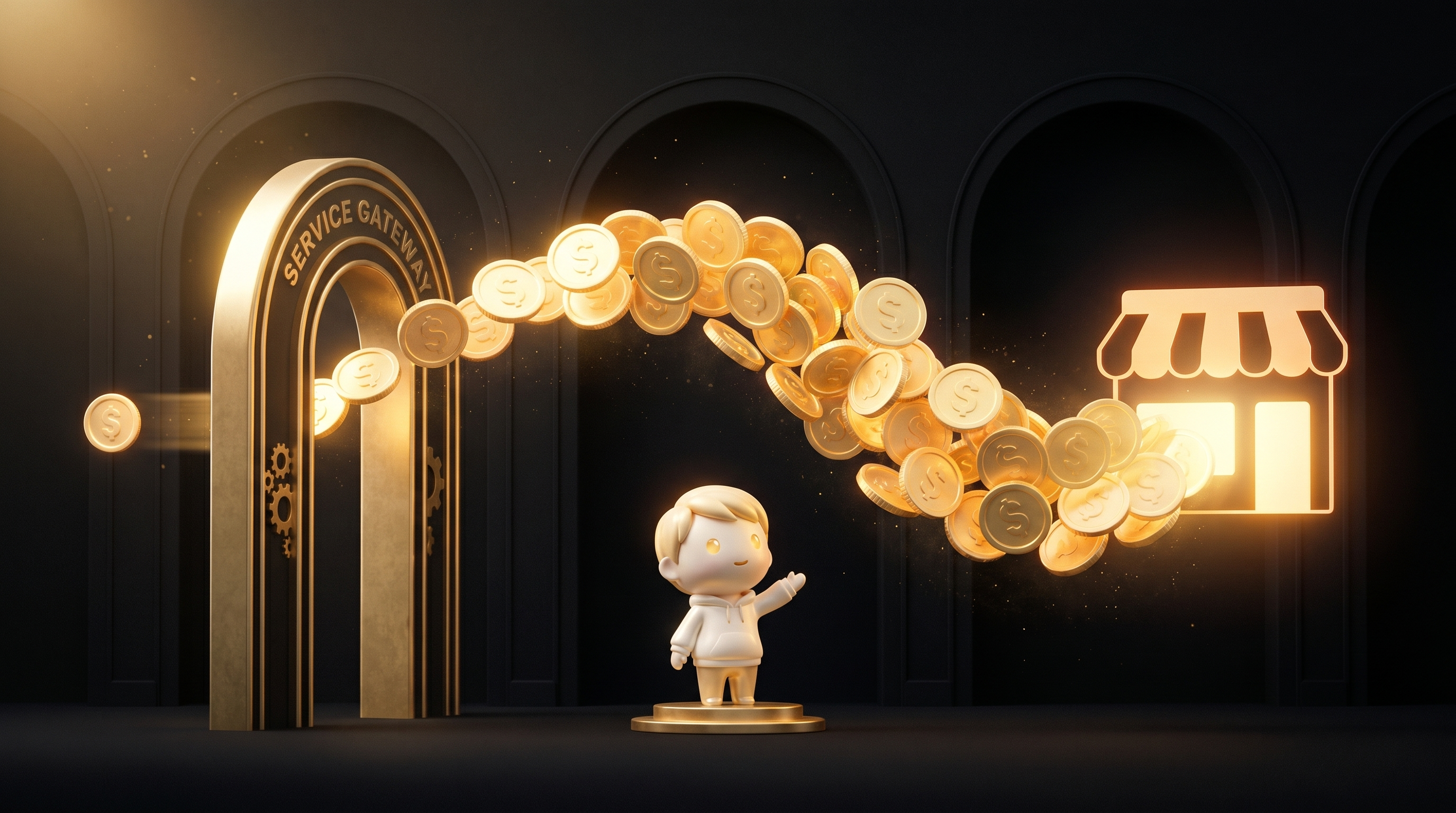 A horizontal flow diagram showing a small dollar coin entering on the left, leading through a glowing gold service gateway in the center, then a much larger stack of gold coins flowing out to the right toward a Shopify-style storefront silhouette, the Godmode mascot in cream porcelain skin observing from below in calm operator posture