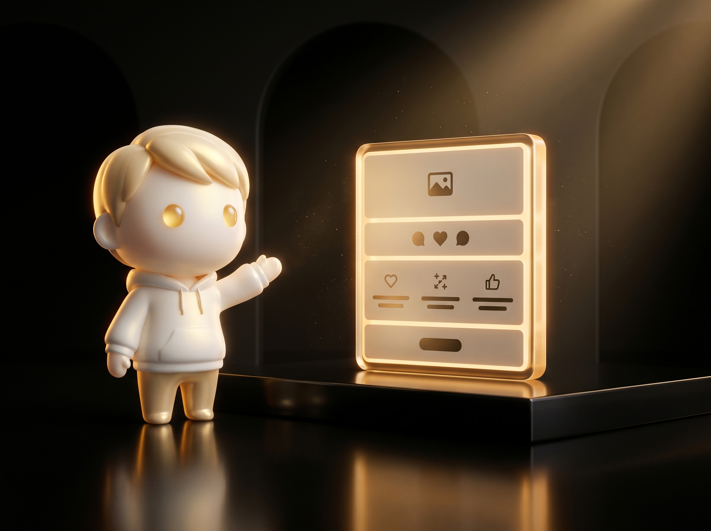 Godmode mascot in cream porcelain skin presenting a glowing real Shopify product page mockup on a clean obsidian podium