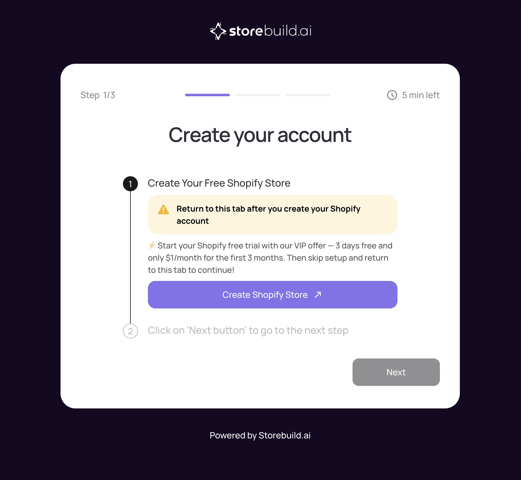 A real onboarding screen from one current entrant in the prebuilt AI Shopify store category, showing the low-friction signup flow consistent with the affiliate-arbitrage business model