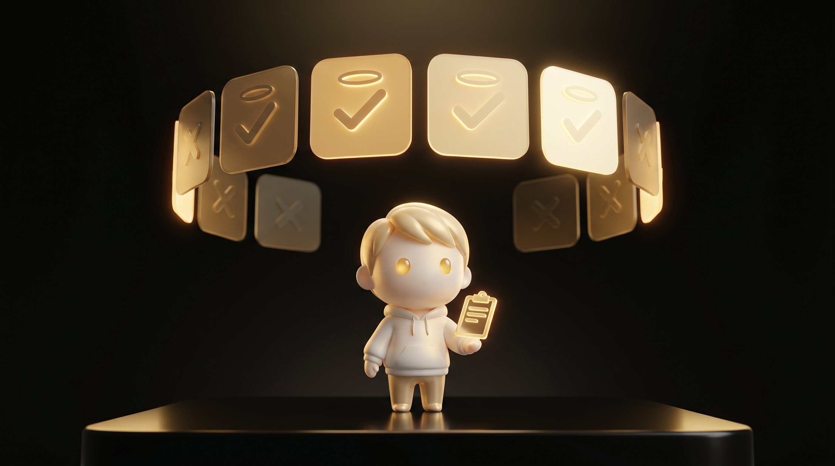 A cinematic floating cluster of 8 abstract ad-creative tile silhouettes arranged in a flowing arc, 4 glowing gold with checkmark halos and 4 dimmer with subtle X shapes, the Godmode mascot holding a clipboard glyph