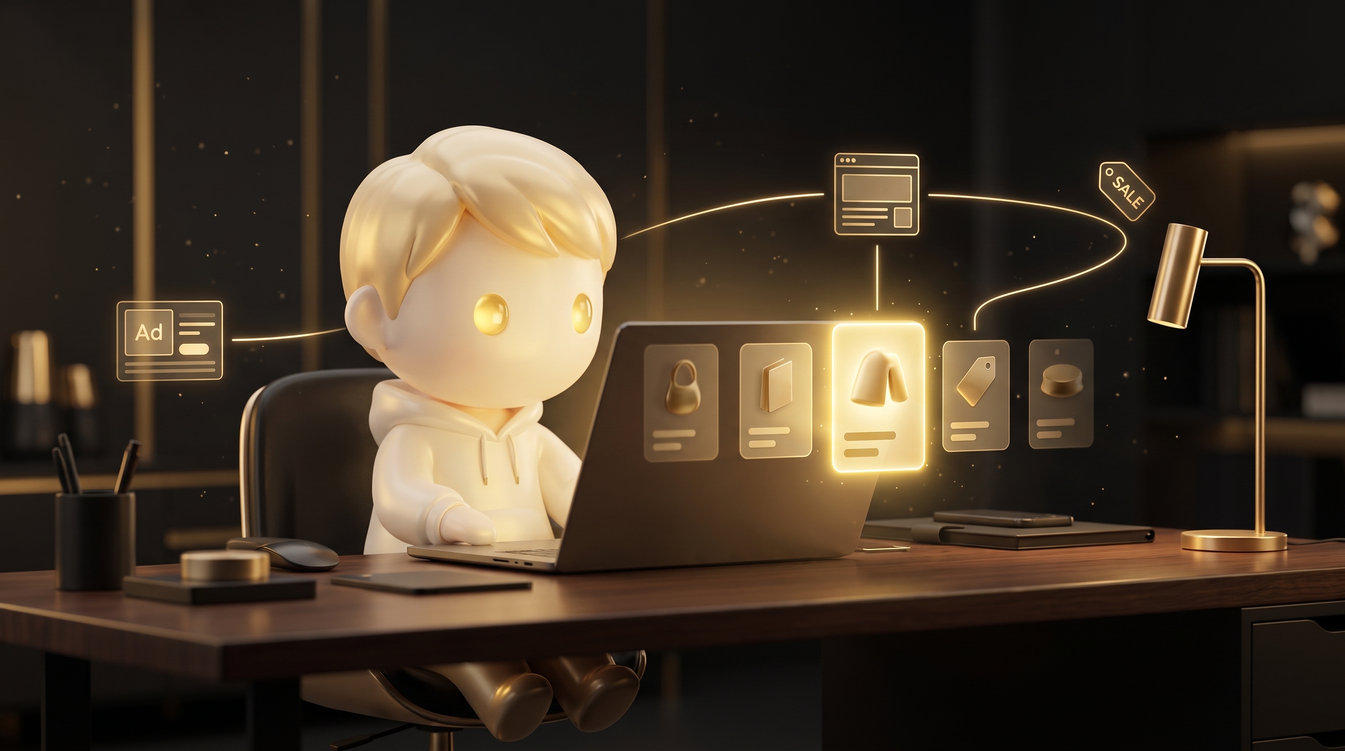 The Godmode mascot at a desk reading a dashboard that threads glowing lines from several ad thumbnails to a single winning product page, dimmer losing ads fading at the edges
