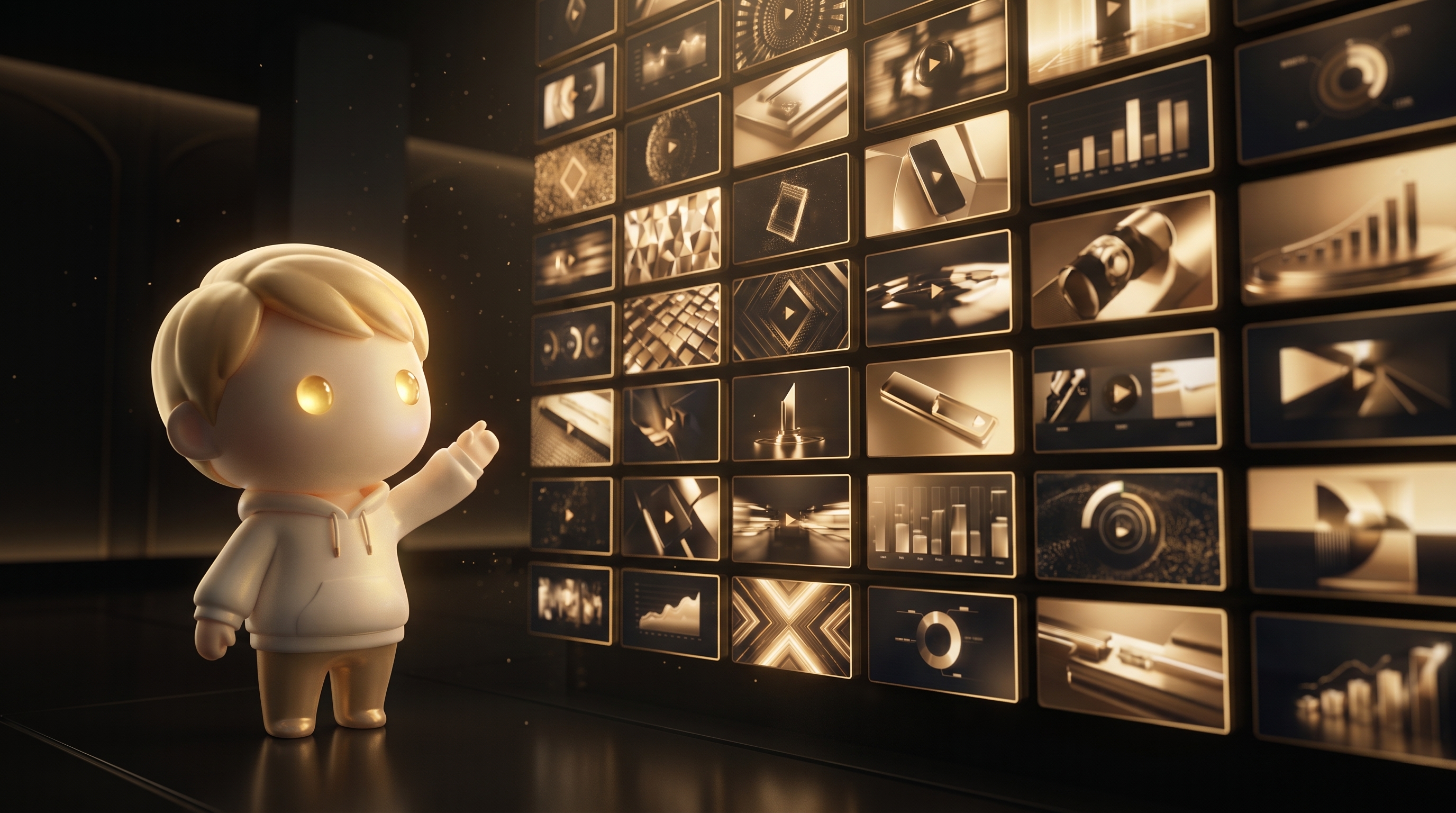 The Godmode mascot at a desk reviewing a phone playing a vertical product video, a row of static ad frames laid out beside the phone like film cells
