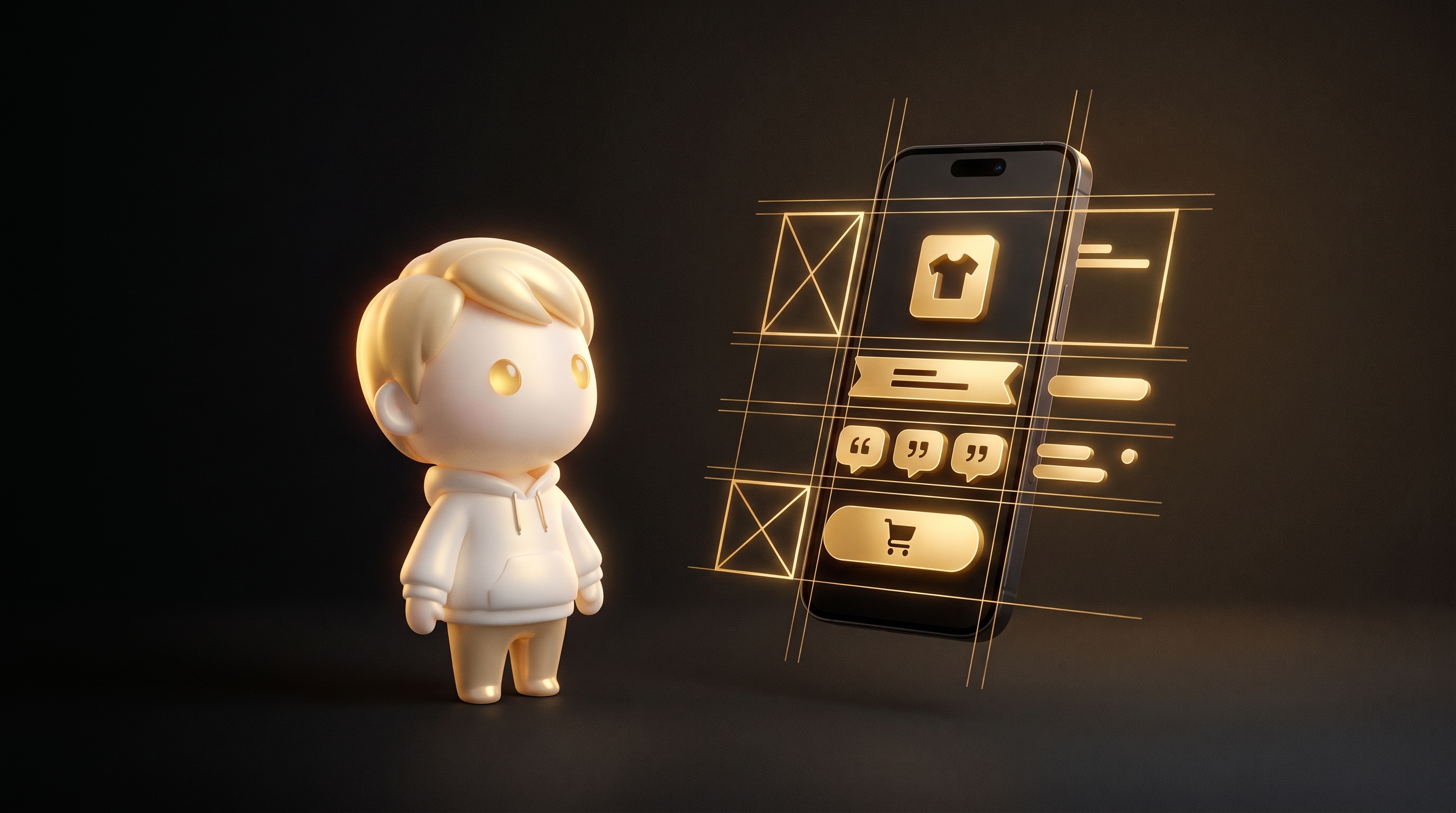 The Godmode mascot watching a blank phone mockup fill in with product photo, headline, review quotes and a buy button as glowing layout rules snap into place around it