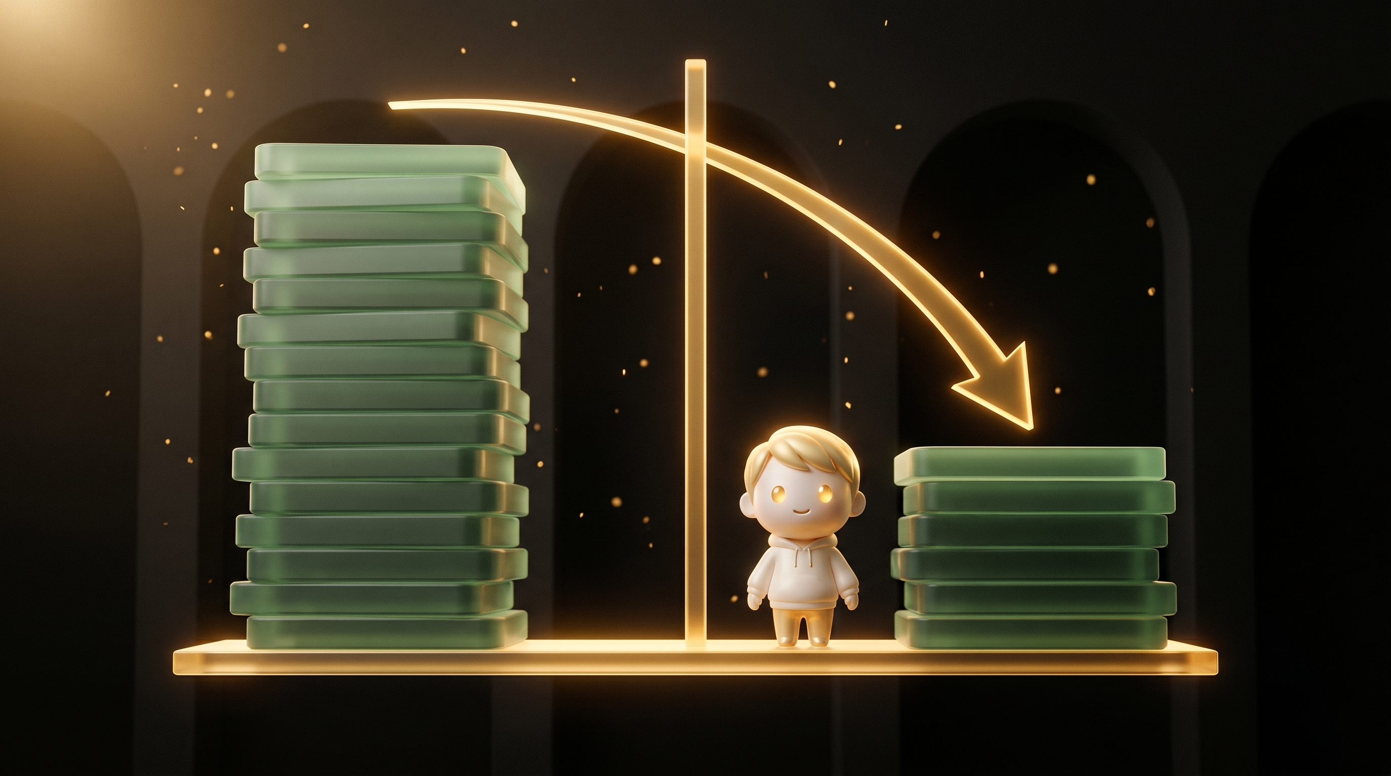 A holographic ledger floating in a dark studio with two columns: a tall stack of translucent green tiles on the left representing the old higher cost, a much shorter stack on the right representing the new lower cost, the Godmode mascot on a platform between them