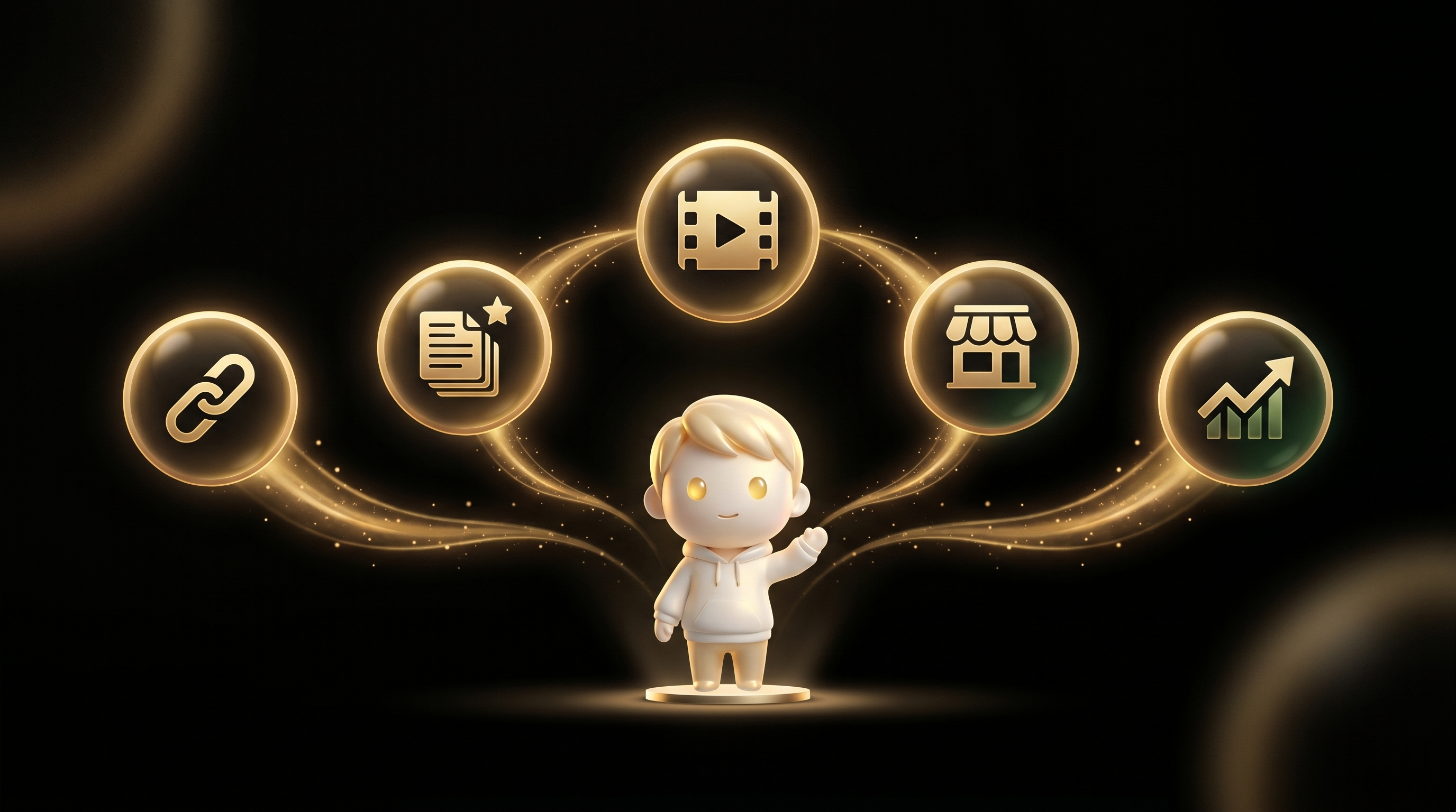 A horizontal flow diagram with 5 floating glowing nodes connected by gold light streams, representing input URL → AI page generation → AI video → live store → analytics, the Godmode mascot conducting from below
