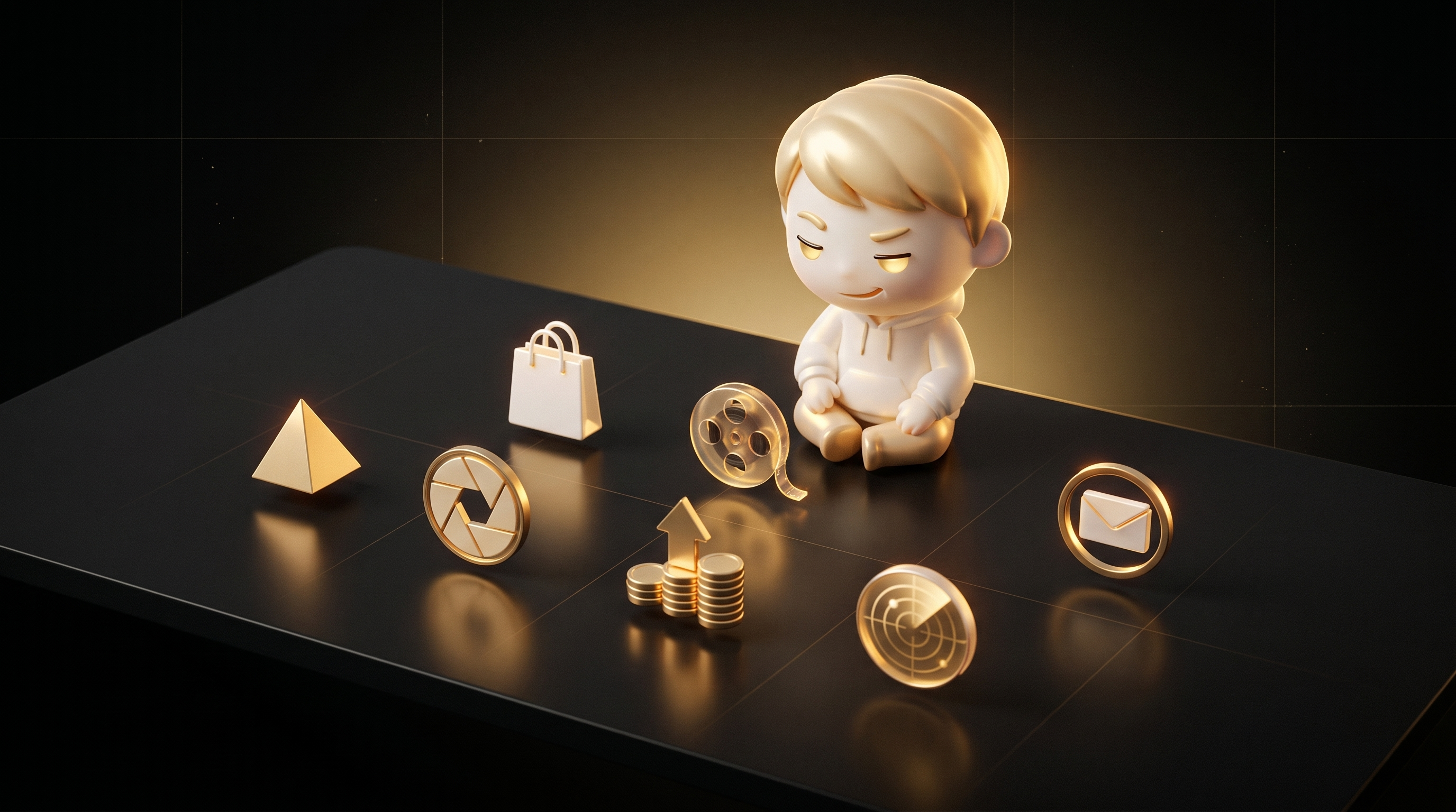 Top-down 3/4 view of a sleek matte-black operator desk with 7 distinct softly glowing iconographic objects, the Godmode mascot sitting cross-legged on the desk approving