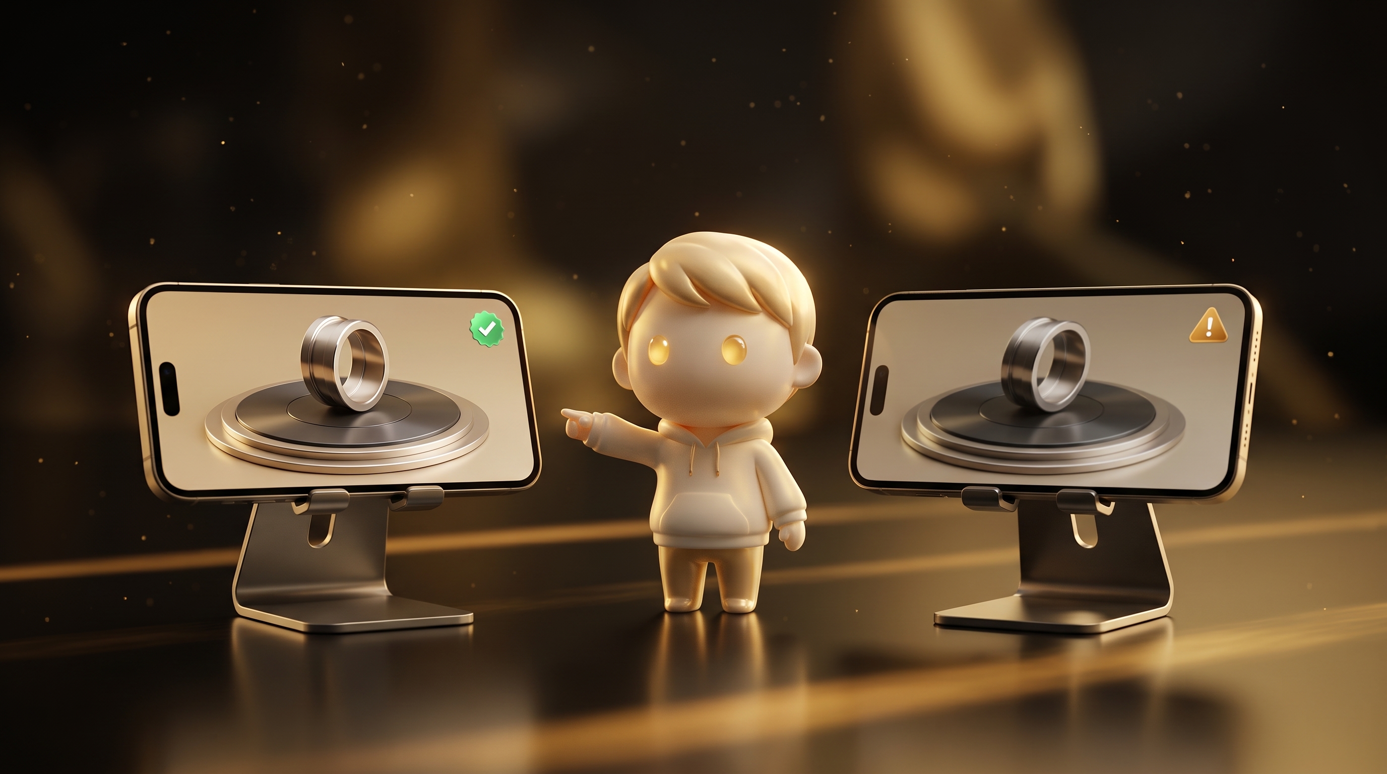 The Godmode mascot at a desk comparing two phone mockups, the left showing a person talking to camera with a small warning icon and the right showing a product rotating in studio light with a small check icon, the mascot pointing at the product clip
