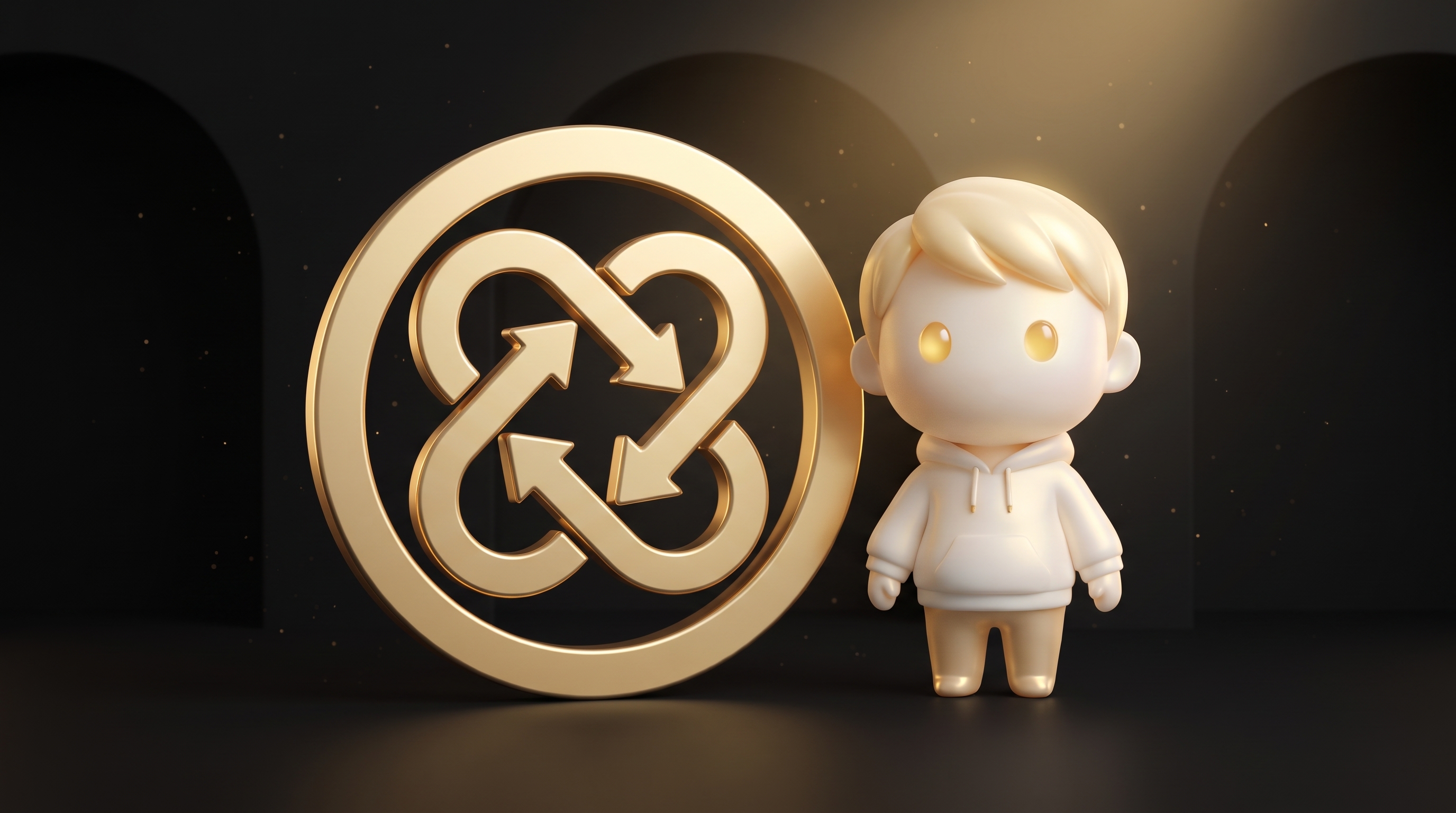 The Godmode mascot at a wide desk linking a product page mockup on a laptop to a row of small image-static ad thumbnails on a second monitor, a warm gold connecting glow running between the page and the statics