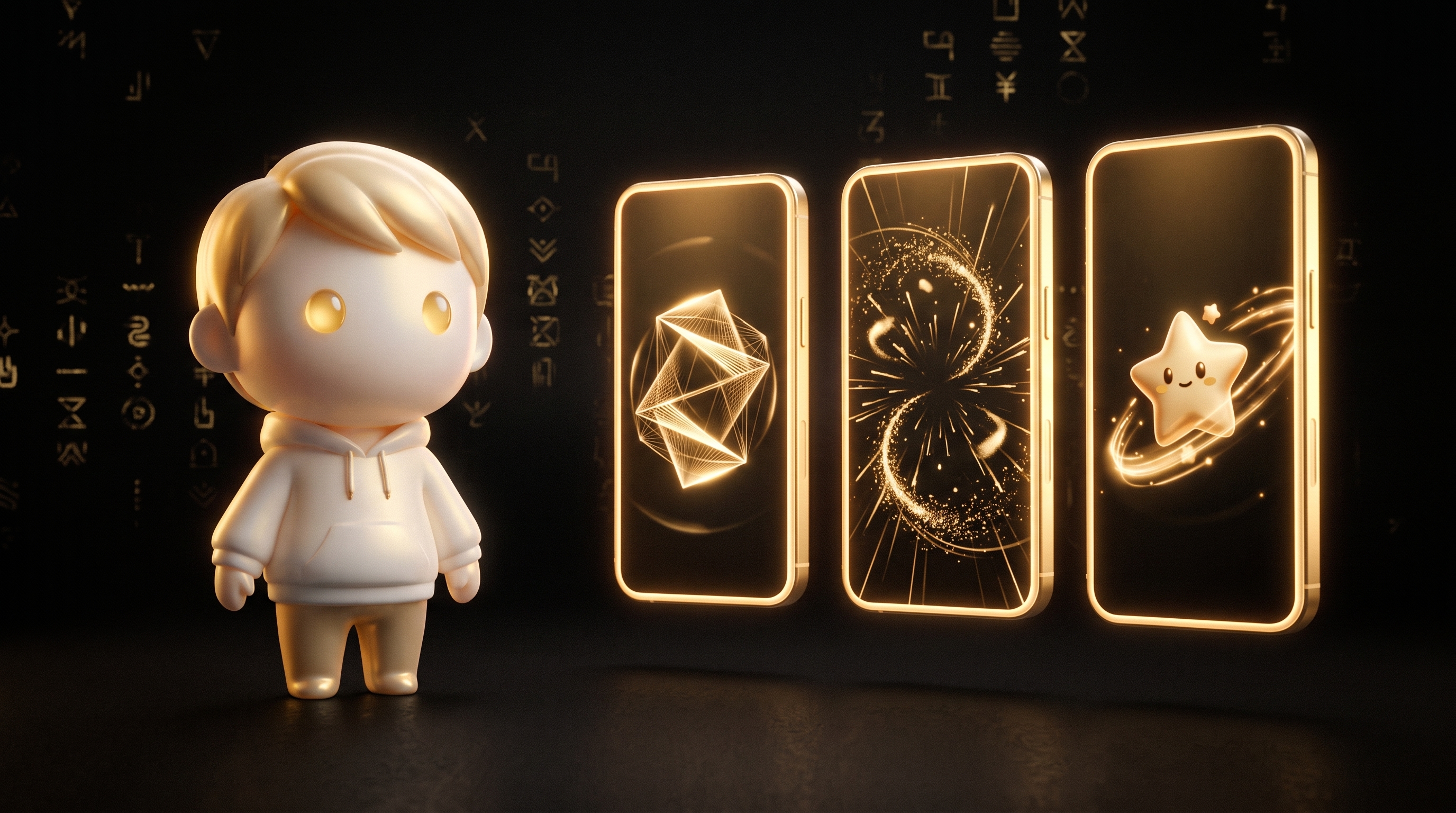 The Godmode mascot standing beside three glowing phone-shaped clips, one showing a product rotating in studio light, one a stylized skit scene, and one an animated cartoon character, warm studio light, no readable text
