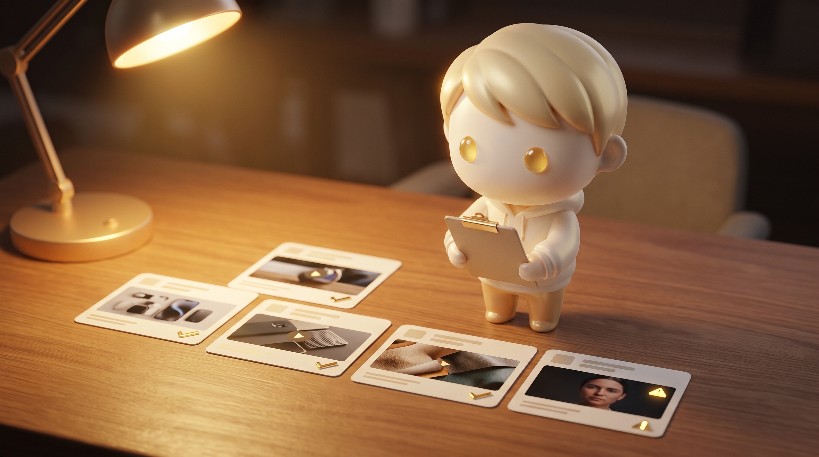 The Godmode mascot at a desk holding a scorecard clipboard, four model logo cards laid out in front showing product b-roll clips with small gold check marks and one human-face clip with a small warning mark, warm desk lamp light, no readable text