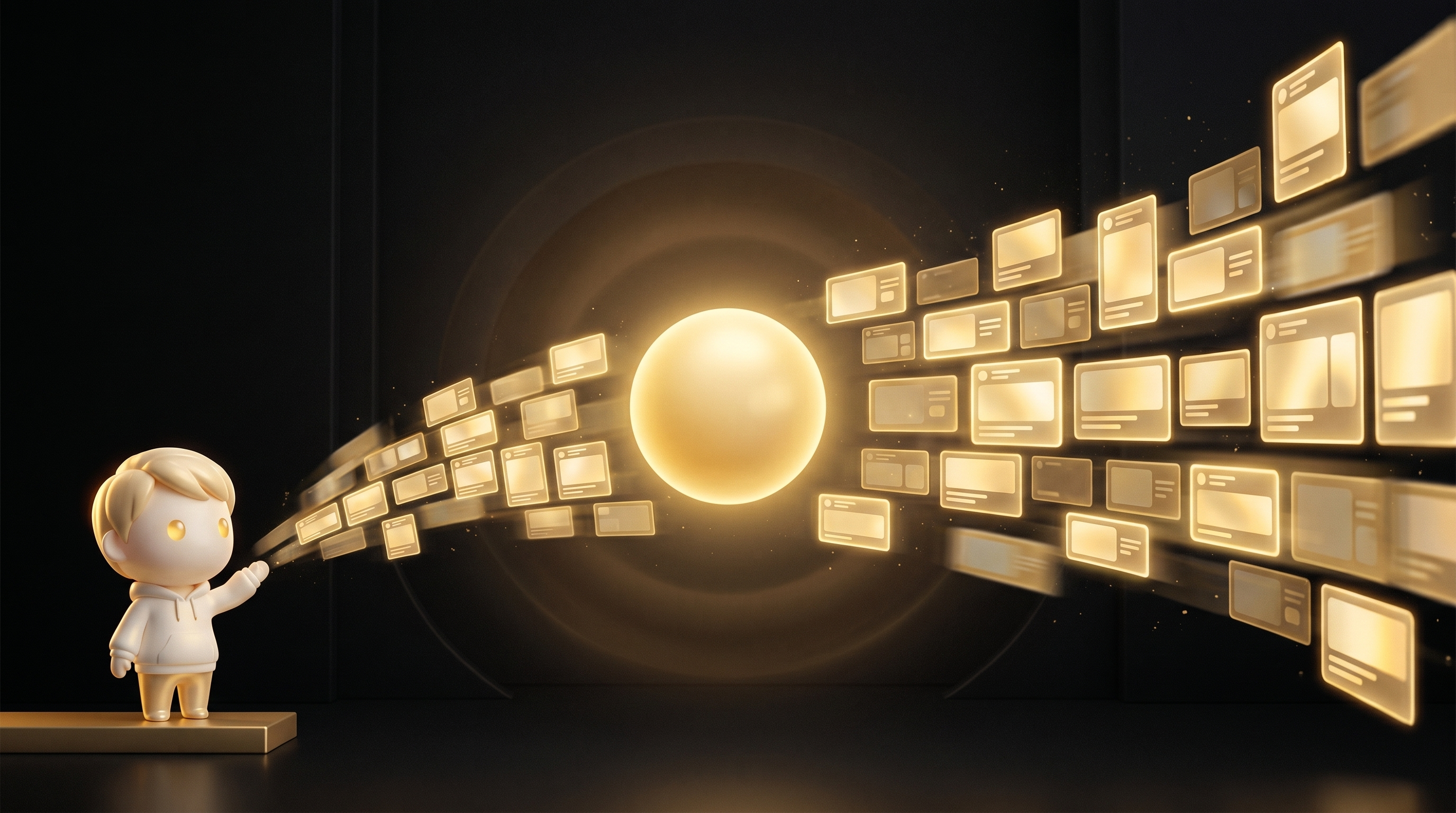 A horizontal flow of fifty small glowing gold ad creative tiles streaming out of a single central orb representing the AI creative engine, the Godmode mascot in cream porcelain skin standing beside it conducting the flow with a calm operator posture