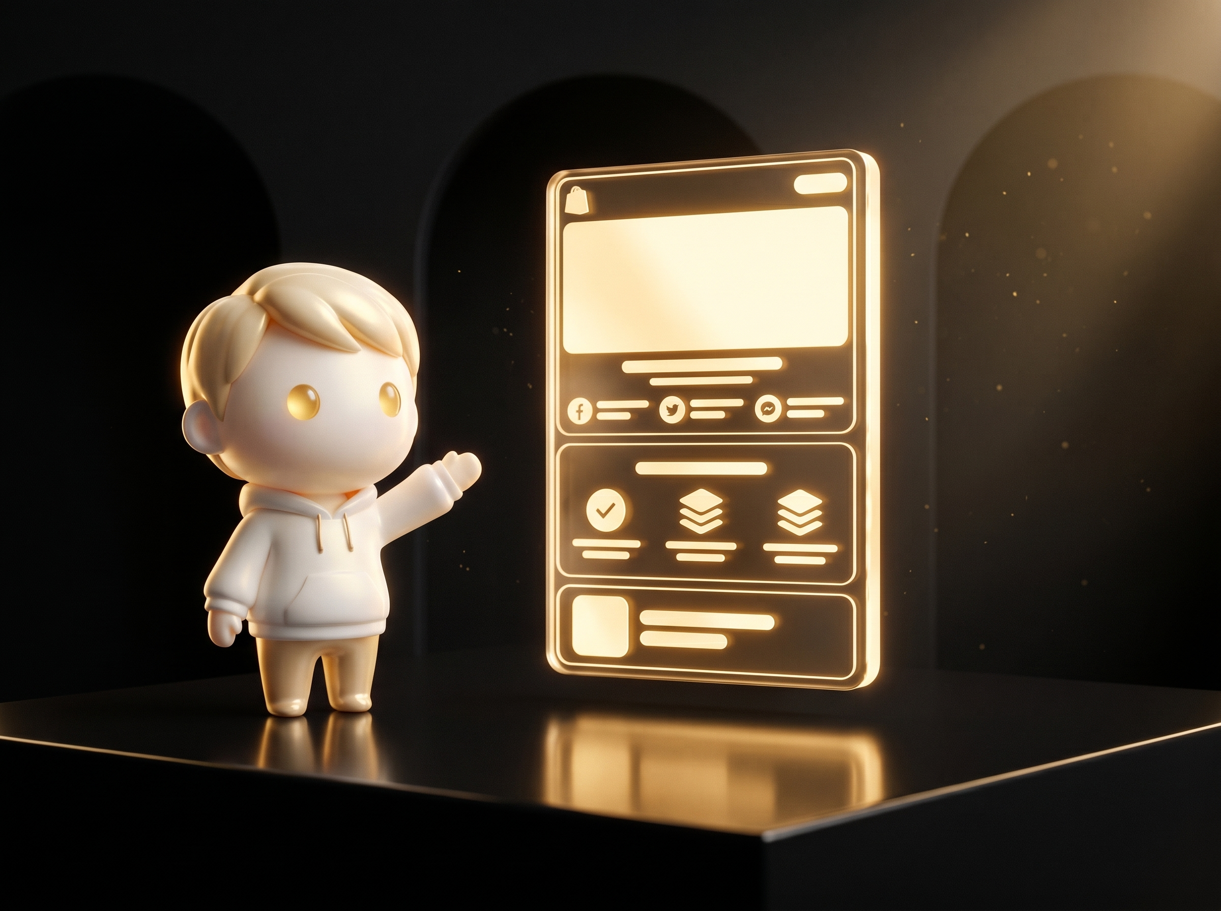 Godmode mascot in cream porcelain skin presenting a glowing Shopify product page mockup on a clean obsidian podium