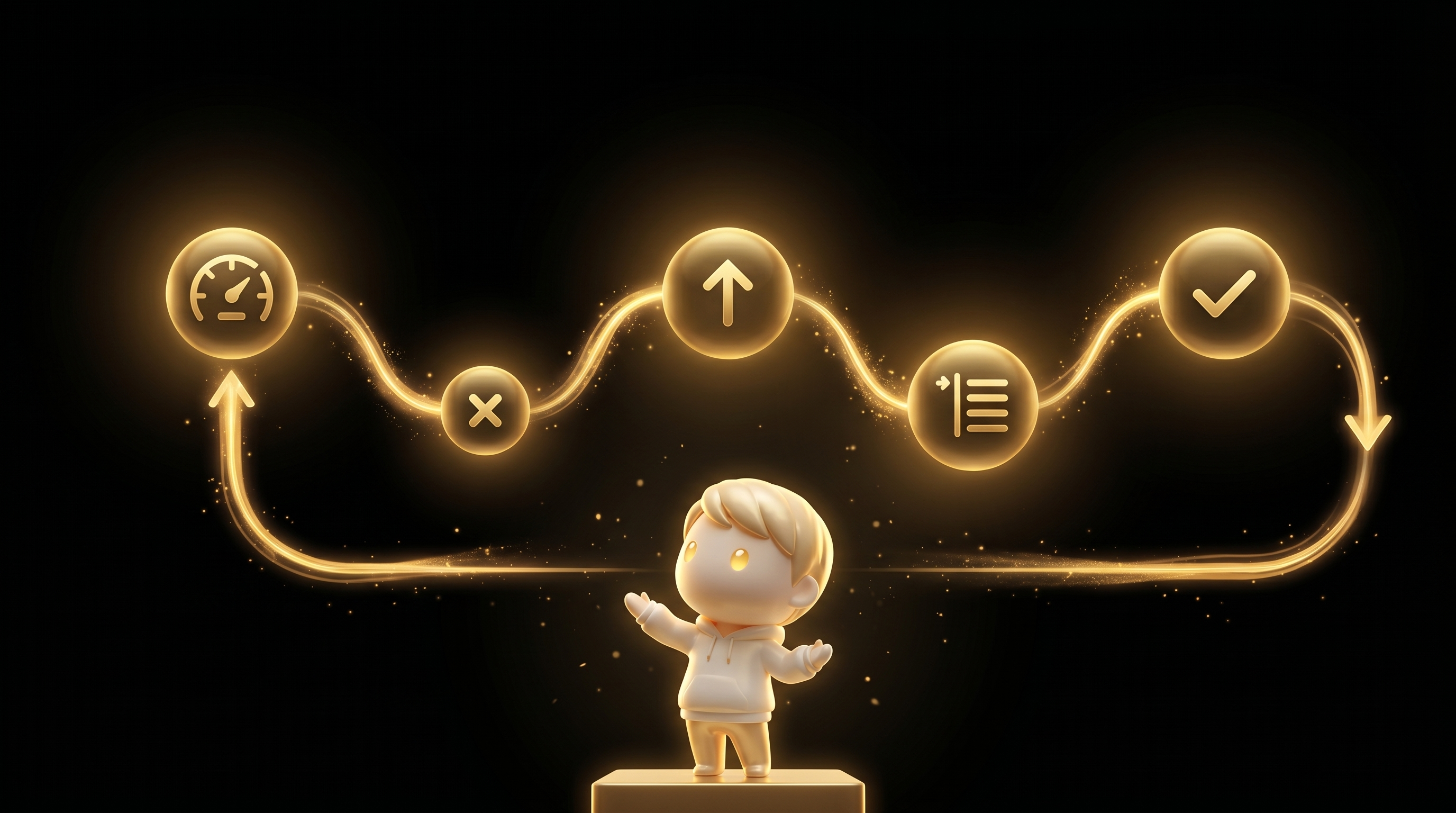 A horizontal flow diagram with five glowing gold workflow nodes connected by gold light streams representing review kill scale queue approve, the Godmode mascot in cream porcelain skin conducting the loop from below in calm operator posture