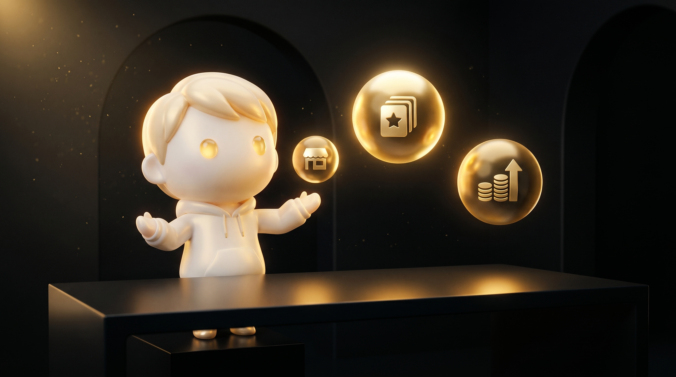Three glowing gold orbs floating in a tight semi-circle on a clean obsidian operator desk, each orb labelled by visual icon for AI store builder, Shopify storefront, and post-purchase upsell, the Godmode mascot in cream porcelain skin standing behind the desk approving in calm operator posture