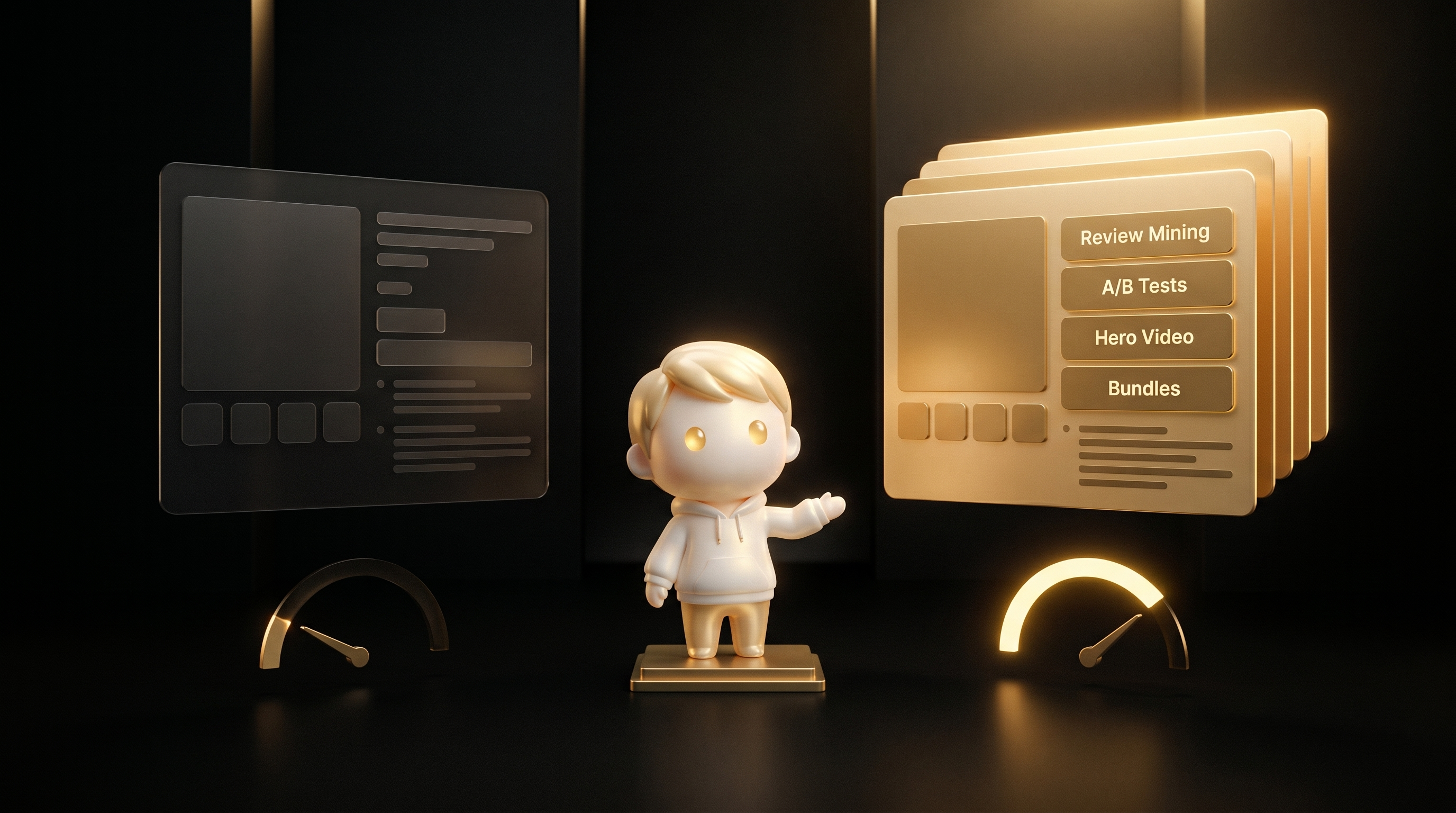 Split-frame: on the left a generic page with a small dim conversion gauge, on the right the same page in glowing gold with extra layers (review-mining, A/B test patterns, hero video, upsell) and a tall warm gold gauge, the Godmode mascot between them