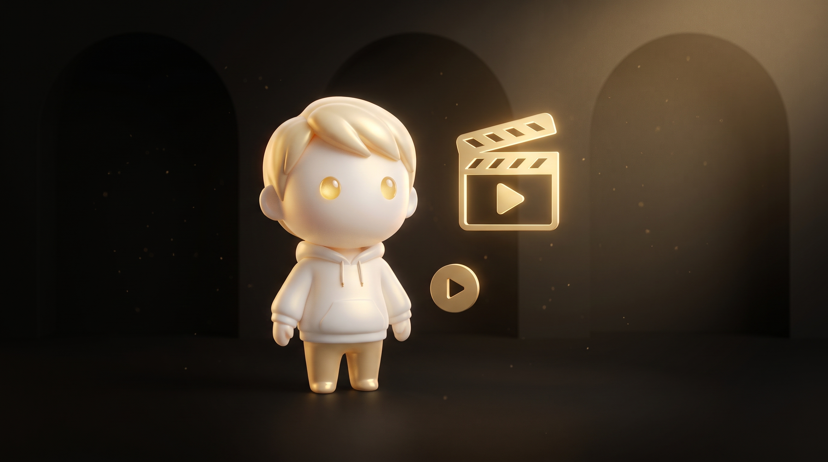 The Godmode mascot at a desk reviewing a grid of short vertical video ad thumbnails on a monitor, each a different angle of the same product, sticky notes with rough hook ideas stuck around the screen