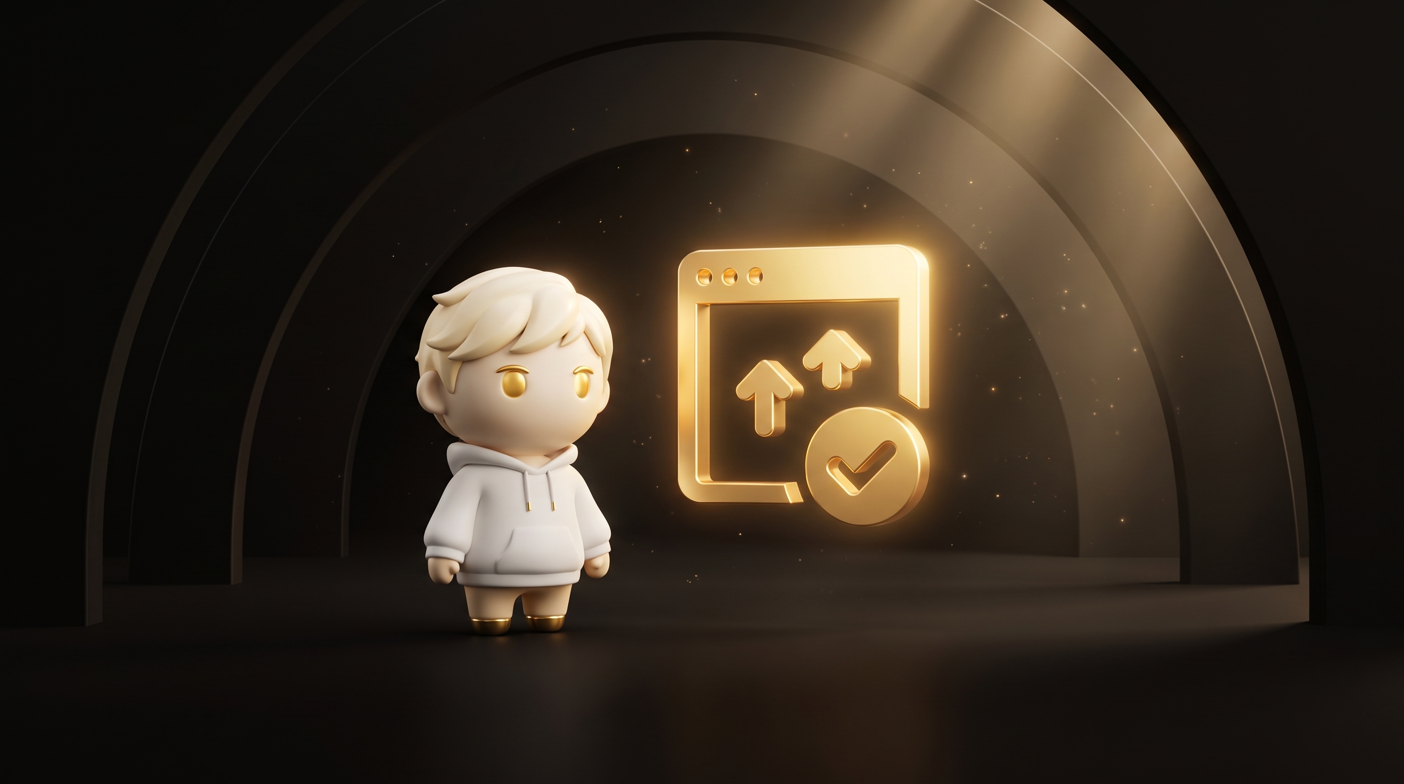 Split scene with the Godmode mascot between two phone mockups, the left phone a plain default product page with a dim conversion gauge, the right phone the same product rebuilt with review quotes and a tall warm gold conversion gauge