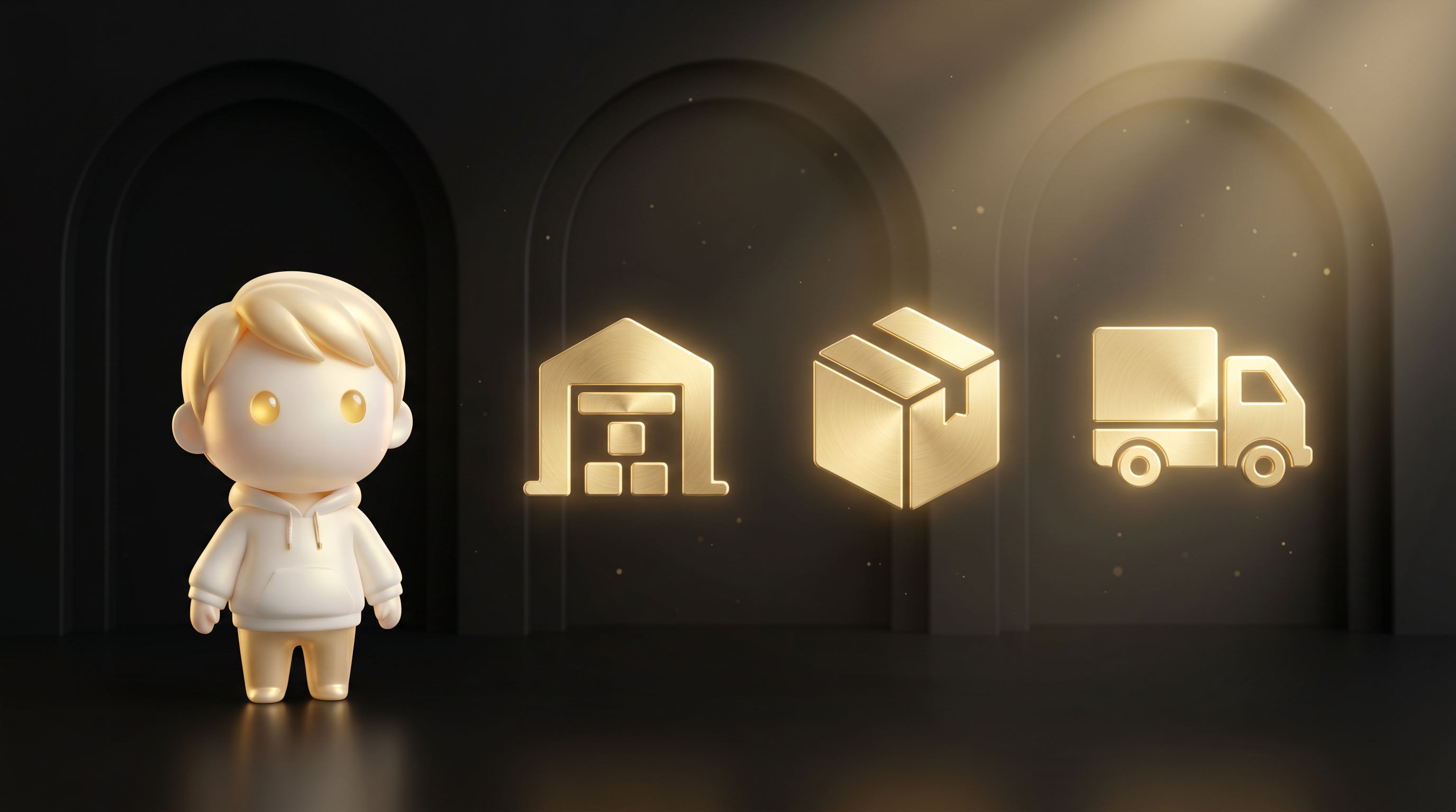 The Godmode mascot at a shipping desk comparing two parcels, one labeled with a fast 6 to 10 day express lane and one with a slow generic catalog route, a small world map with a China to US line glowing between them