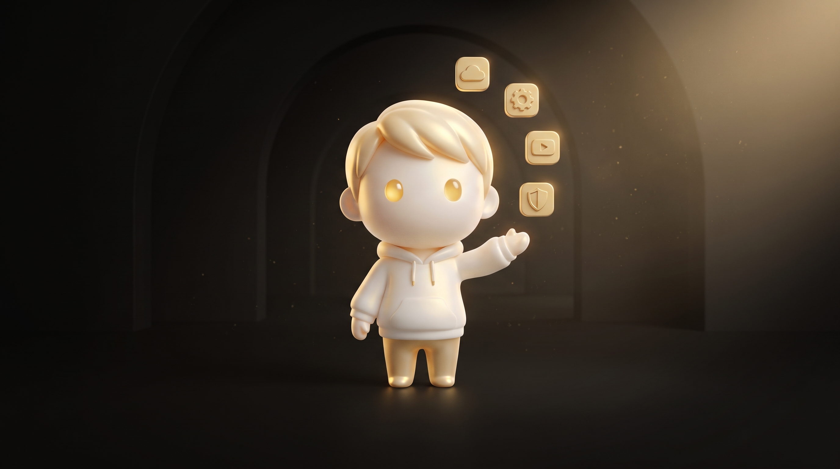 The Godmode mascot standing in front of a four-shelf rack, each shelf labeled with a stack tier and holding one glowing tool icon, a small price tag hanging off each shelf totaling roughly 130 to 400 dollars per month