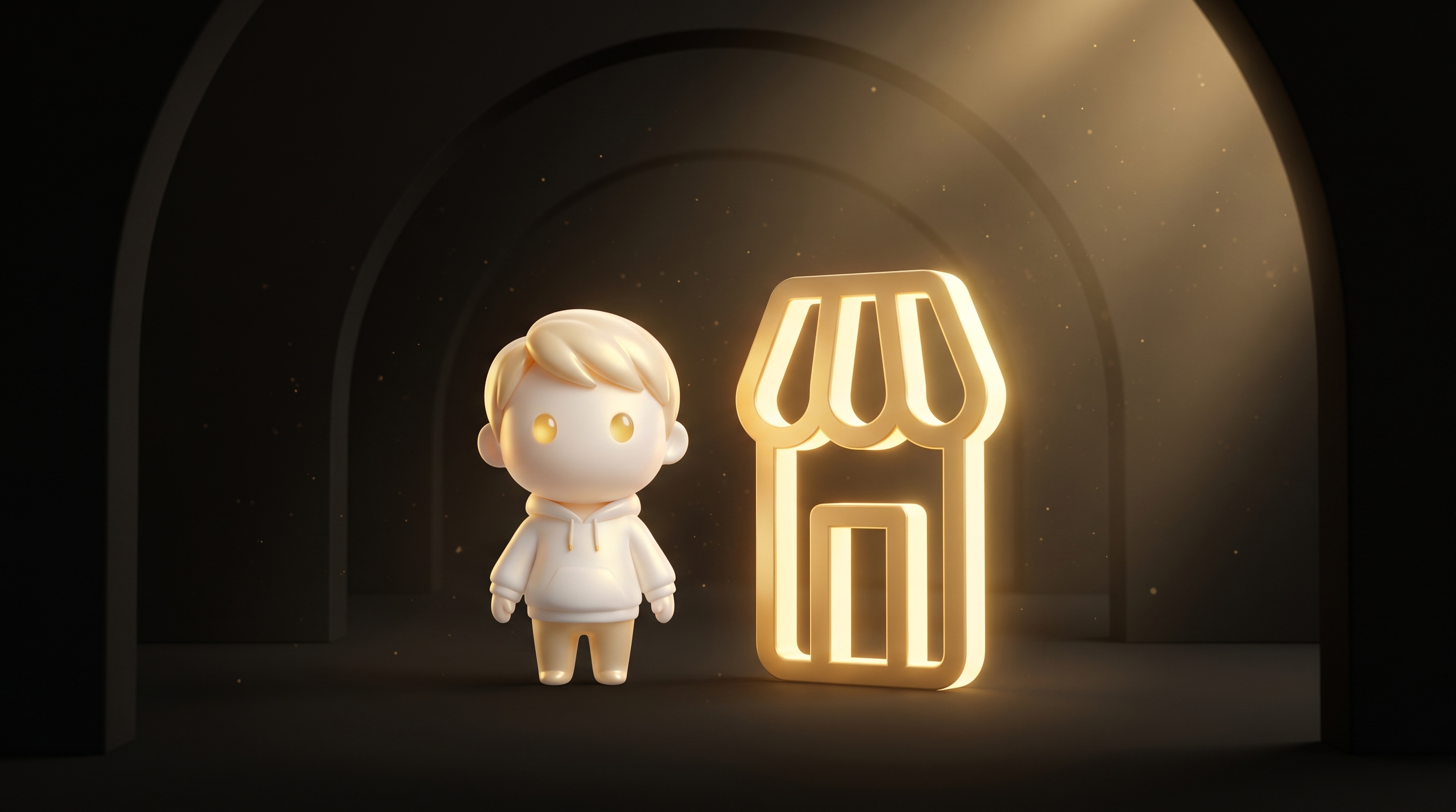 The Godmode mascot at a laptop showing a clean Shopify-style checkout on screen while a small server rack hums quietly beside the desk, representing hosted versus self-hosted storefronts