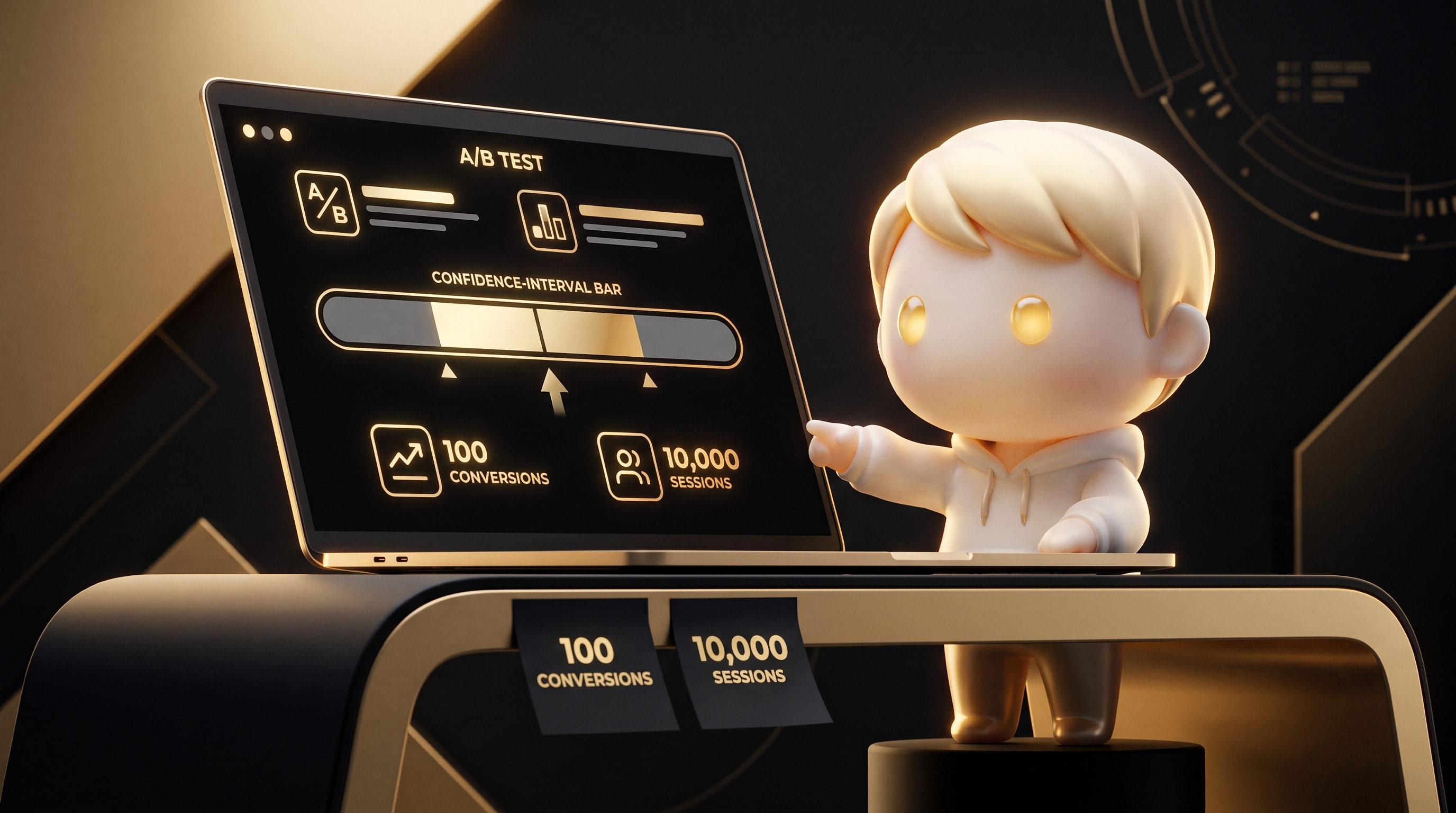 The Godmode mascot at a laptop pointing to a screen that shows an A/B test dashboard with a confidence-interval bar still in the grey inconclusive zone, sticky notes on the desk reading 100 conversions per variant and 10,000 sessions