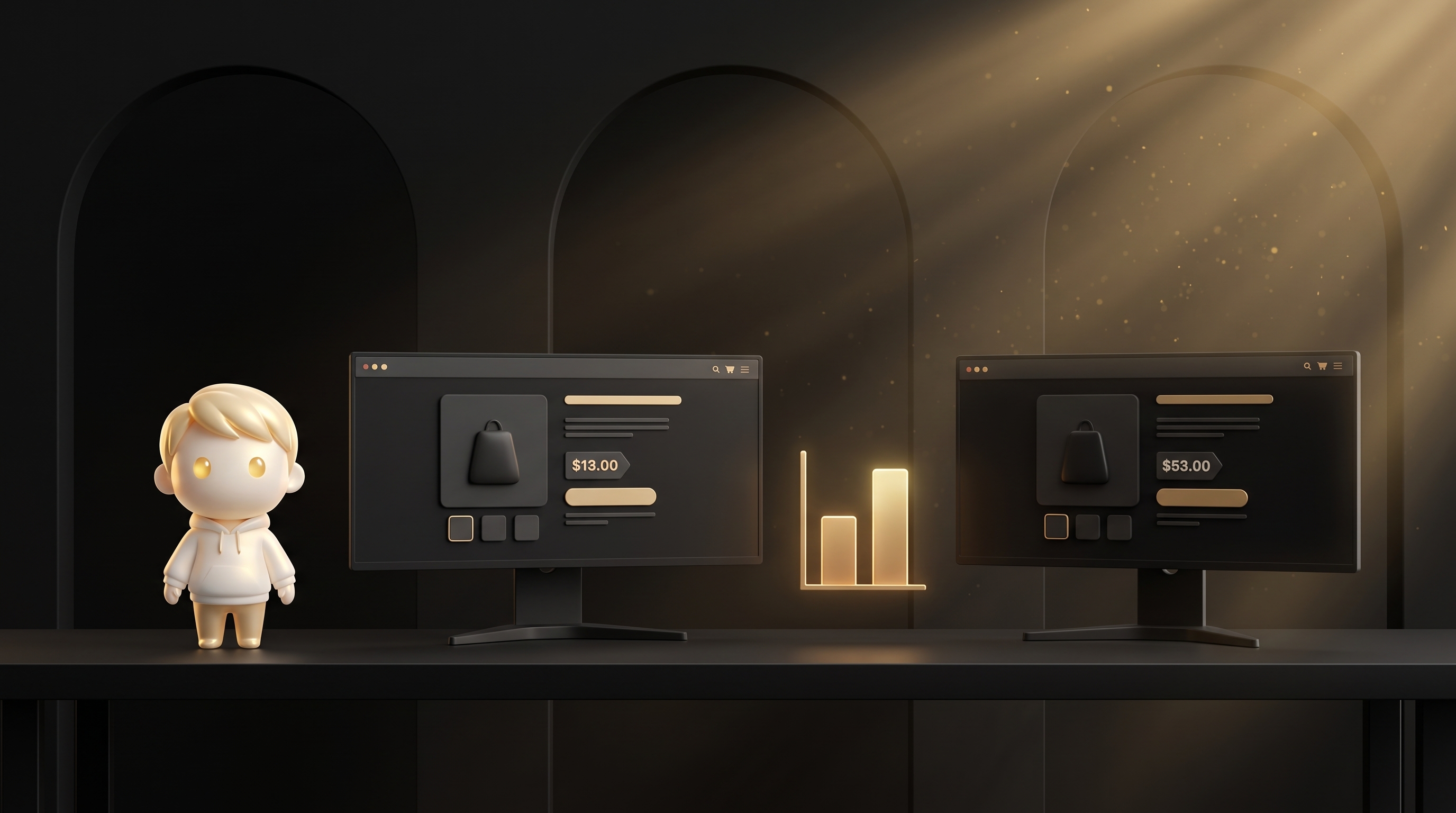 Two Shopify product page variants shown side by side on a split monitor, one with a higher price, a profit-per-visitor readout between them, the Godmode mascot comparing the two with a small calculator on the desk