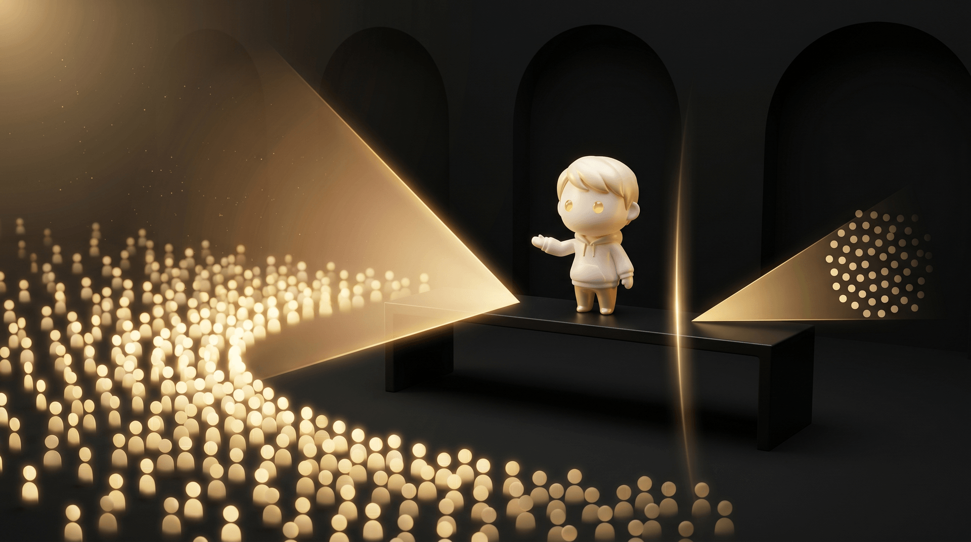 A glowing wide gold delivery cone fanning outward to a broad audience pool above a dark obsidian operator desk on the left contrasted with a smaller narrow gold targeting cone on the right with a faded shrinking pool, the Godmode mascot in cream porcelain skin choosing the wider cone with a calm decisive operator posture