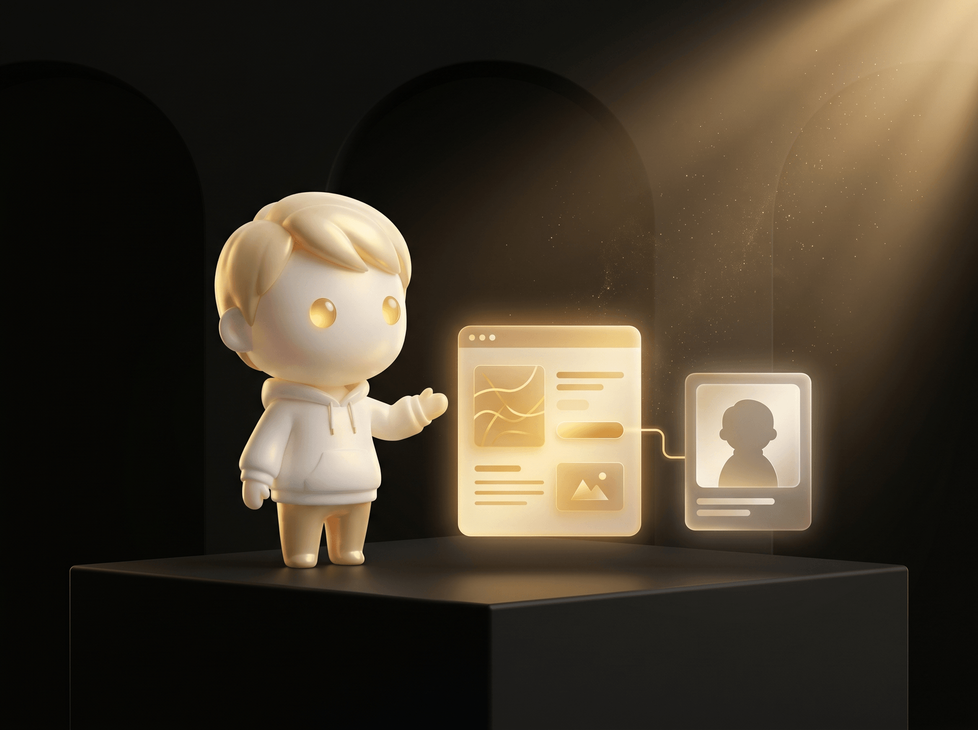 Godmode mascot in cream porcelain skin presenting a glowing matched Shopify product page mockup beside a glowing ad creative tile suggesting page and ad both ready to ship on a clean obsidian podium