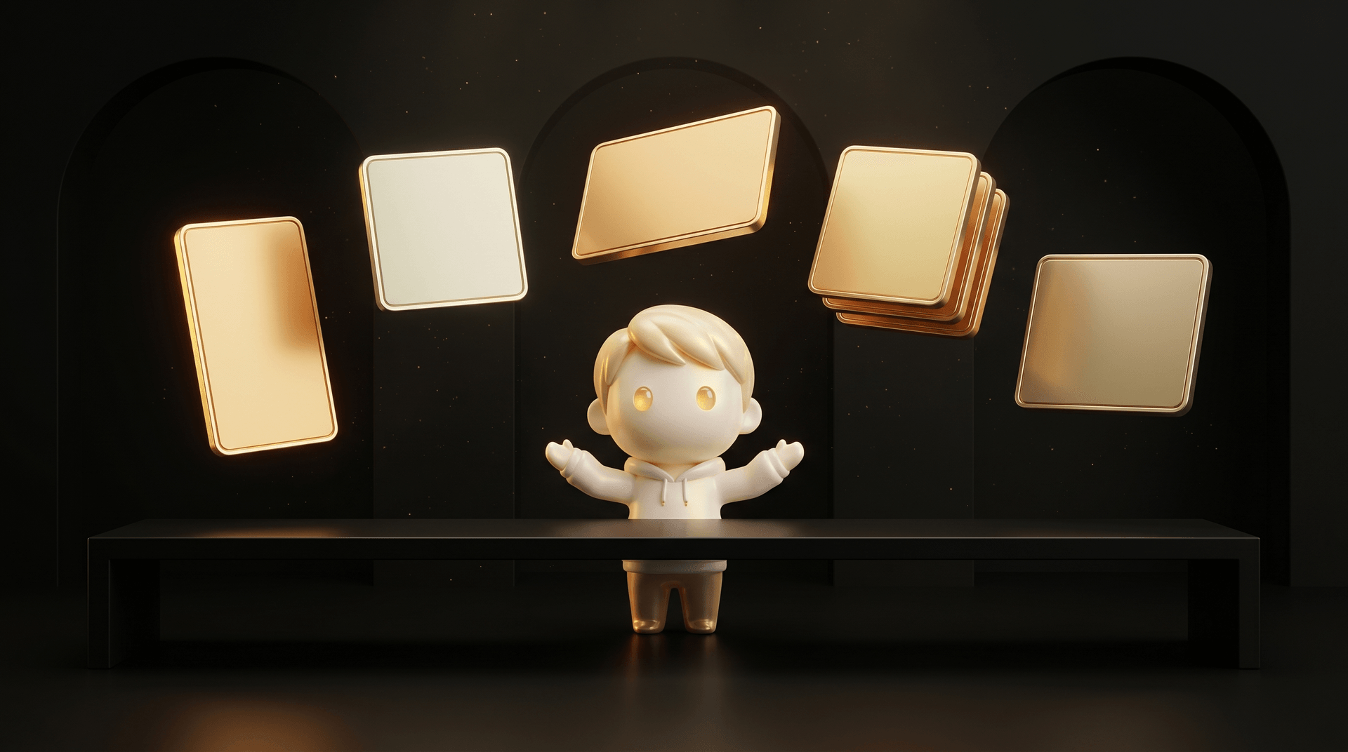 Five glowing gold ad-creative tile silhouettes arranged in a horizontal sweep above a dark obsidian operator desk each with distinctly different visual structure suggesting visual variety, the Godmode mascot in cream porcelain skin presenting the variety with a calm operator posture