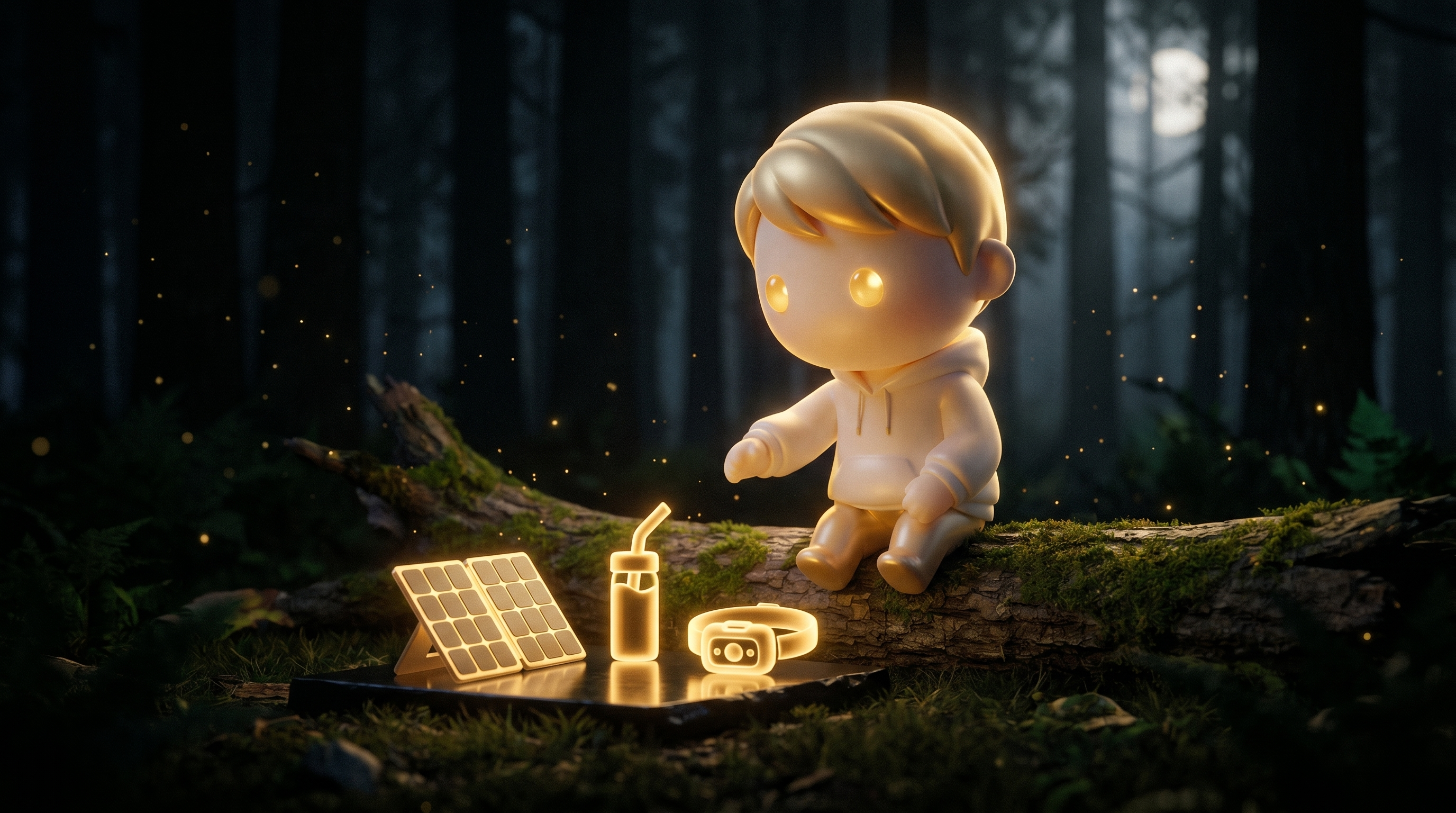 A dark woodland clearing at dusk with 3 abstract camping-tech glyphs glowing warm gold on a stone slab, the Godmode mascot sitting calmly on a fallen log with hood up reaching toward a foldable solar panel