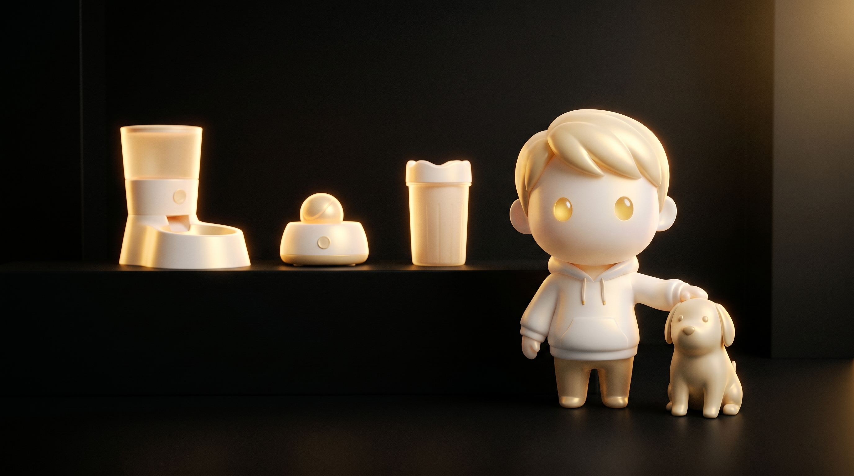 A premium pet-tech display in a moody dark studio with 3 unbranded pet gadget silhouettes, an abstract pale gold dog silhouette, and the Godmode mascot resting one hand on the dog's head