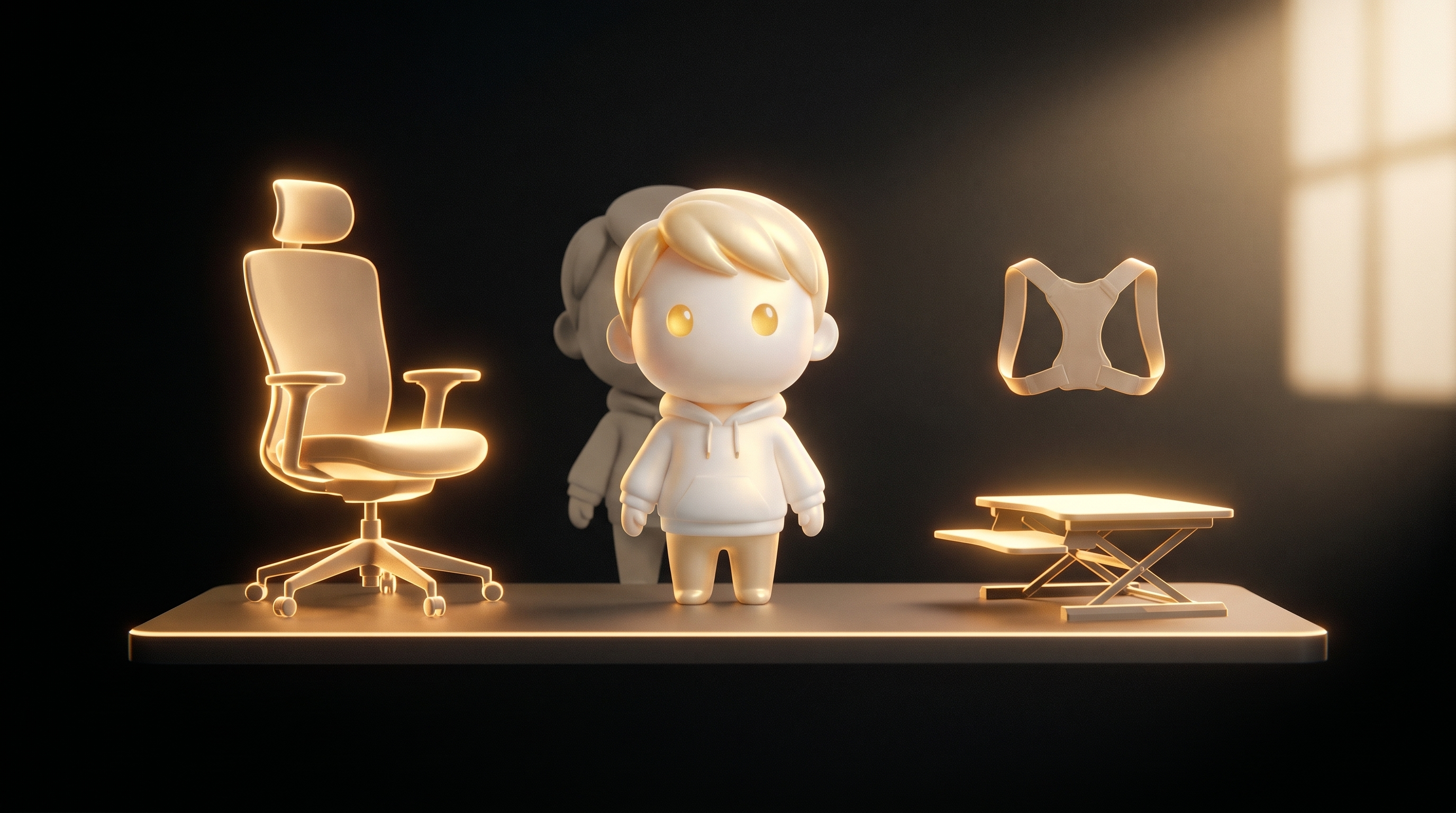 A clean home-office setup floating in a dark studio, the Godmode mascot standing in perfectly upright posture beside a glowing chair silhouette, a faint slumped shadow self behind representing 'before'