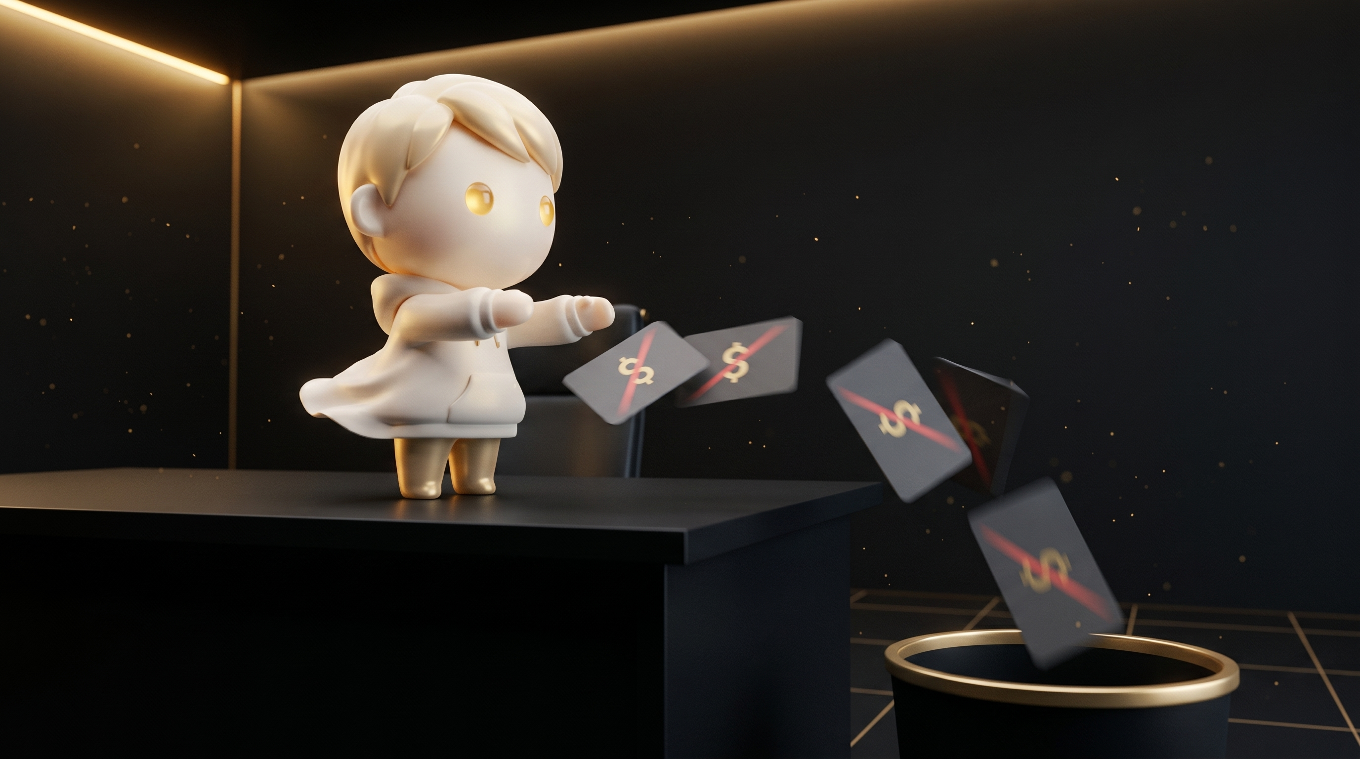 Five strikethrough subscription cards in muted charcoal tones being swept off a dark obsidian desk into a gold-rimmed wastebin, the Godmode mascot in cream porcelain skin and white hoodie sweeping with calm operator posture