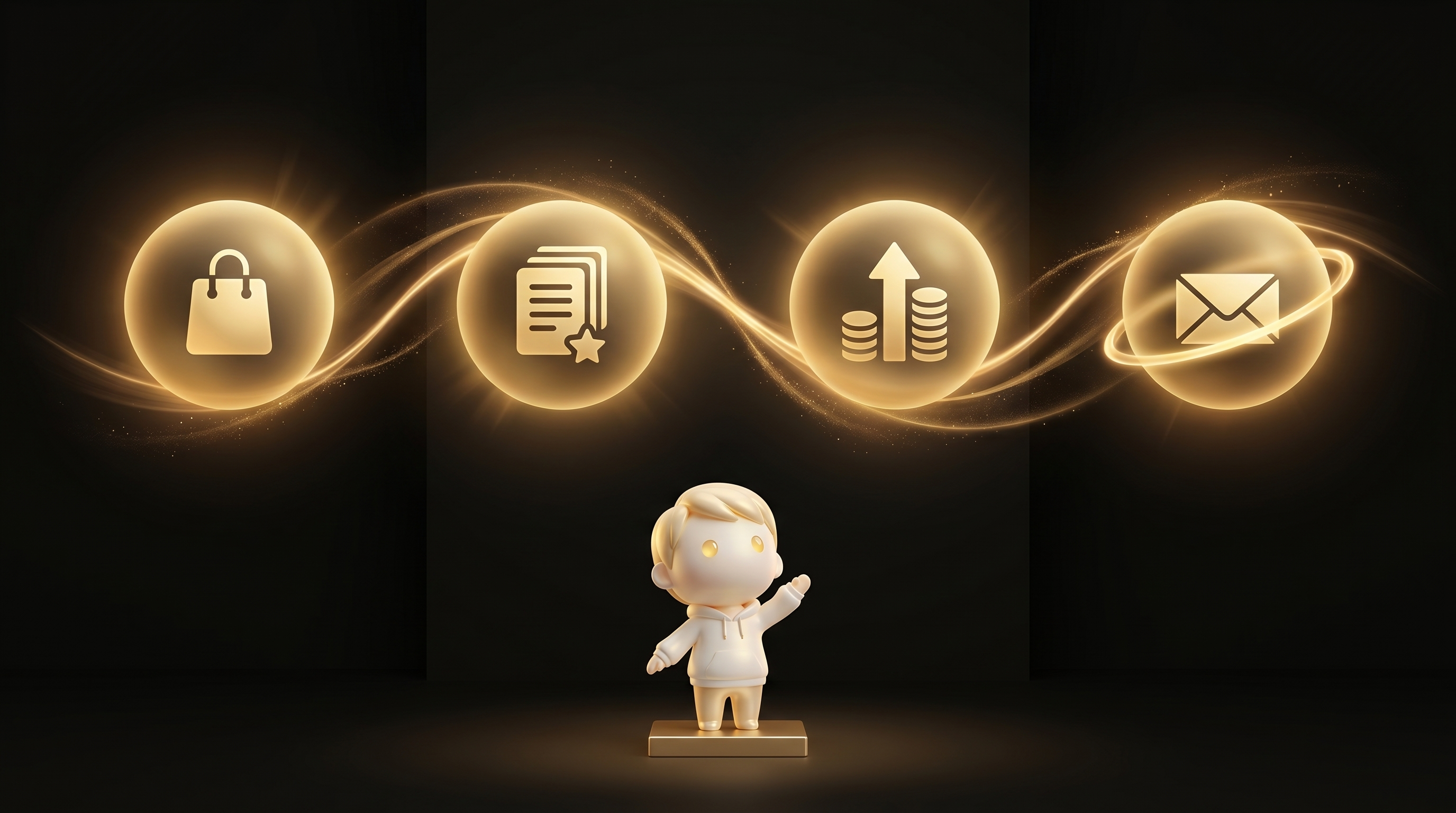 A horizontal flow diagram with four glowing gold nodes connected by streams, representing buy order Shopify then AI builder then AfterSell then Klaviyo, the Godmode mascot in cream porcelain conducting from below