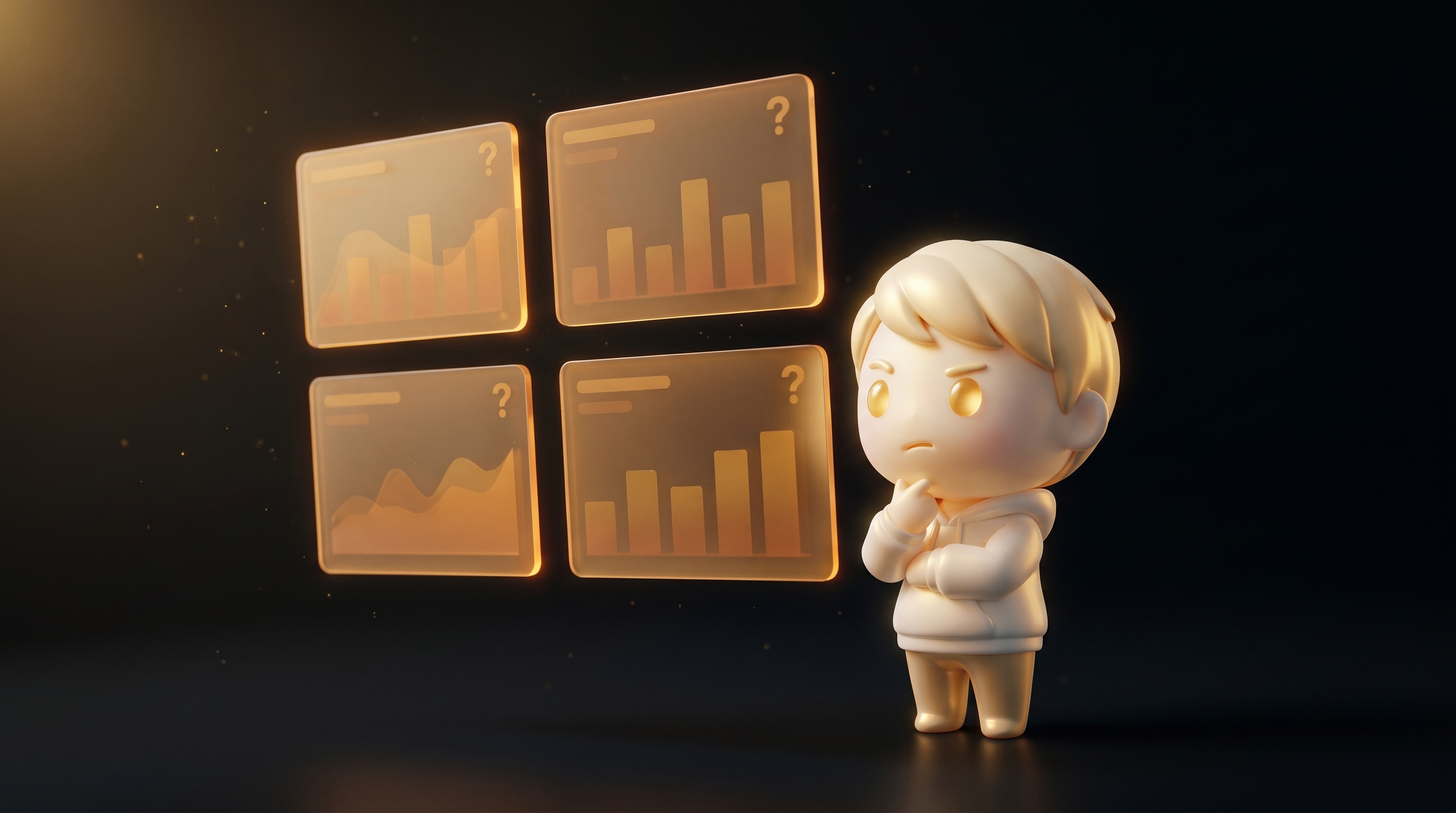 Four amber translucent dashboard cards floating above a dark workspace, slightly faded to indicate uncertain value, the Godmode mascot in cream porcelain skin examining one card with a skeptical operator posture