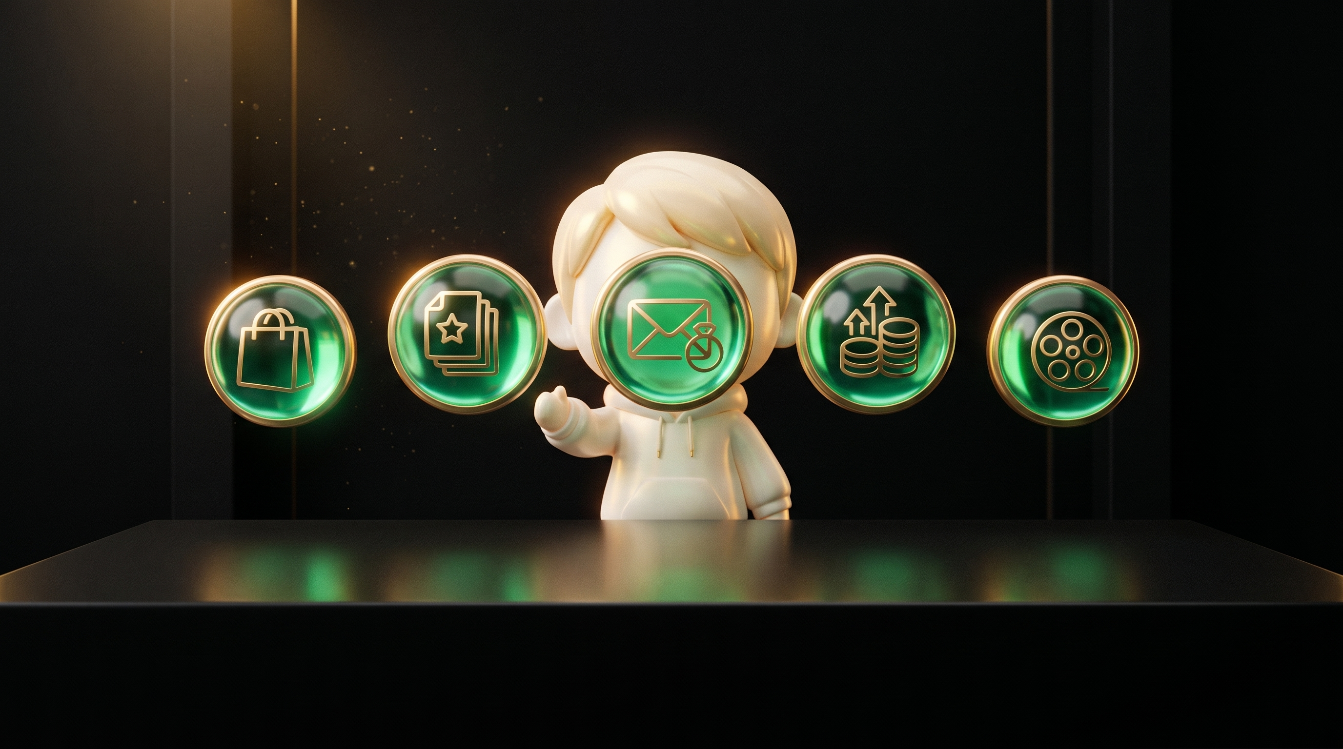 Five glowing emerald orbs floating above a dark obsidian operator desk, each labelled by visual category icon for storefront, page generation, email, upsell, and AI creative, the Godmode mascot approving from the side in cream porcelain skin and white hoodie