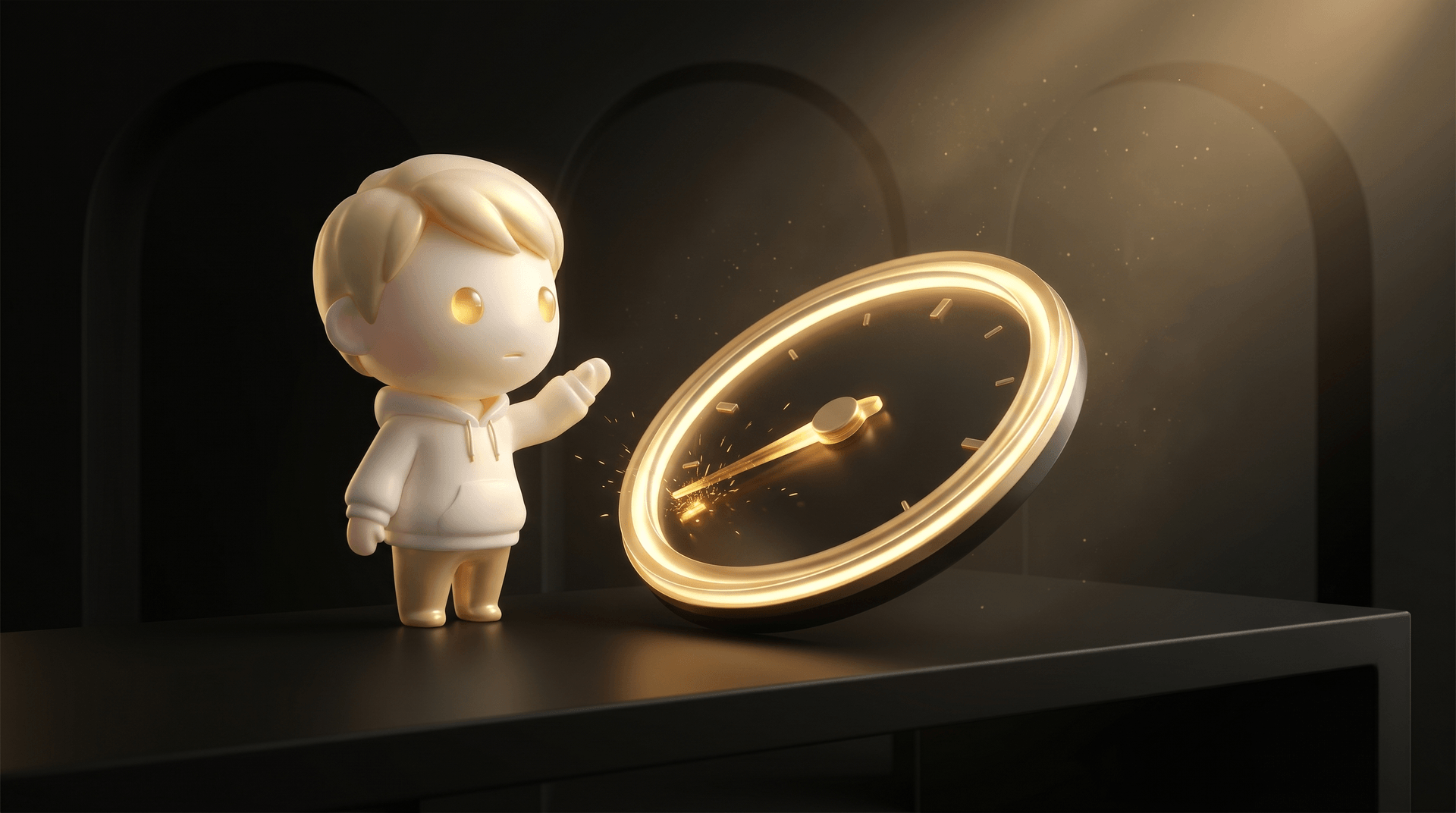 A dark obsidian operator desk with a glowing gold account-quality gauge slowly tilting downward, surrounded by faint warning embers, the Godmode mascot in cream porcelain skin observing with a calm diagnostic operator posture