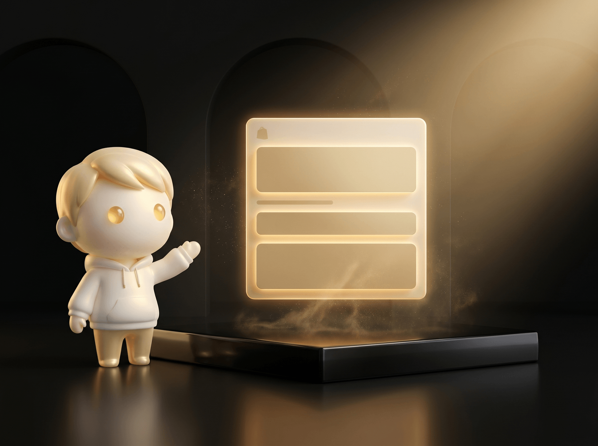 Godmode mascot in cream porcelain skin presenting a glowing rebuilt Shopify product page mockup on a clean obsidian podium