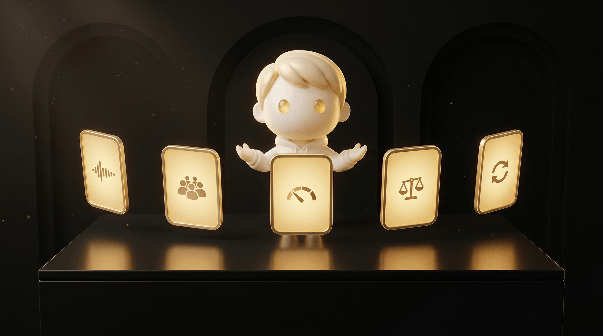 Five glowing gold decay-pattern cards arranged in a horizontal sweep above a dark obsidian operator desk, each card with a distinct iconographic glyph, the Godmode mascot in cream porcelain skin standing behind the desk with a calm diagnostic operator posture