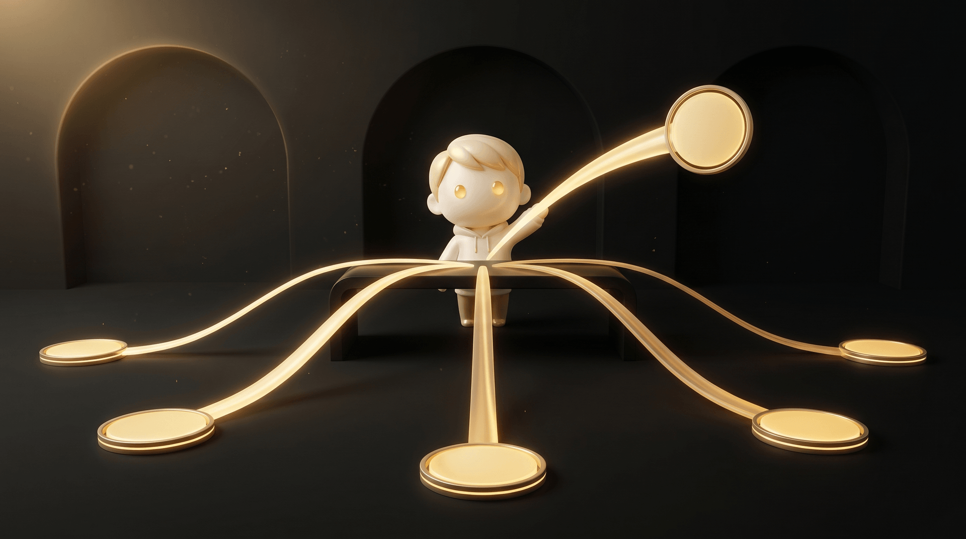 Five glowing gold rebuild paths radiating outward from a central obsidian operator desk, each path leading to a different action node, the Godmode mascot in cream porcelain skin tracing one of the paths with a calm operator focus