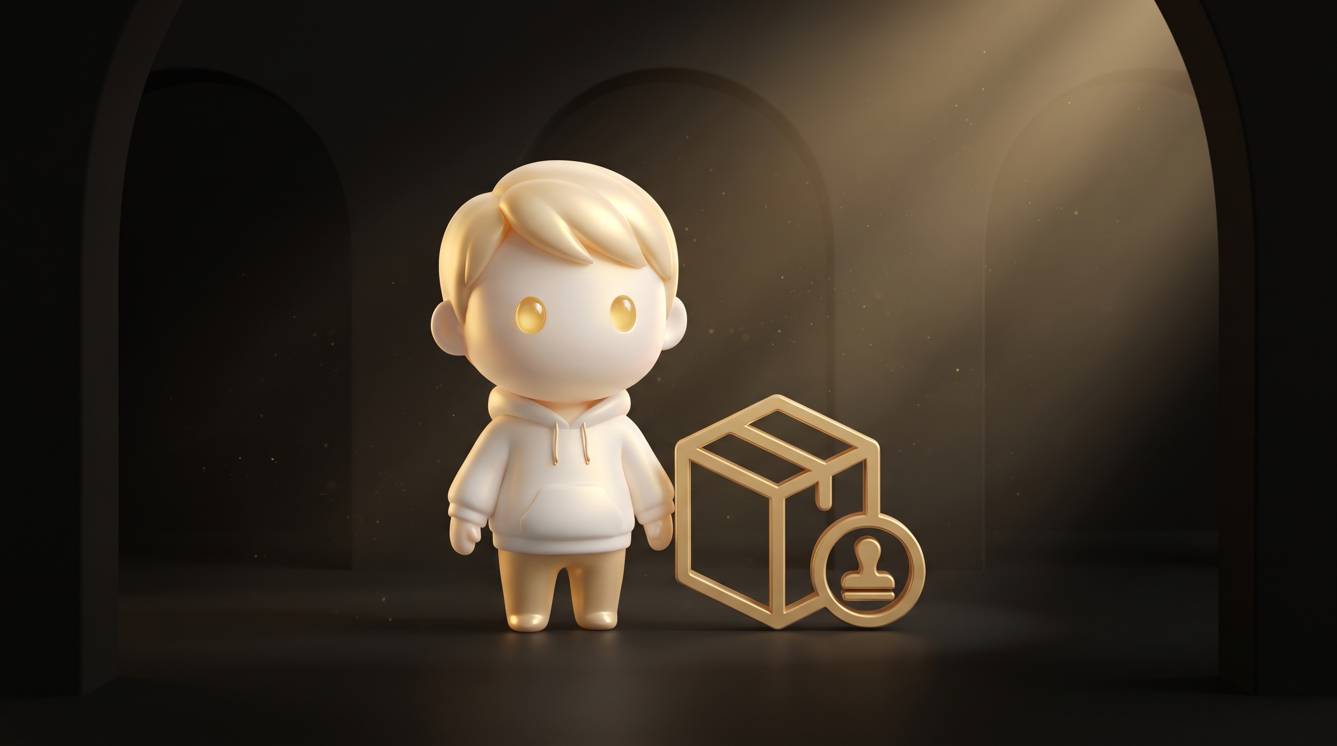 The Godmode mascot at a customs desk watching a small parcel get stamped with a bright duty charge label while a large premium product box passes through untouched, warm gold light over a border-checkpoint scene