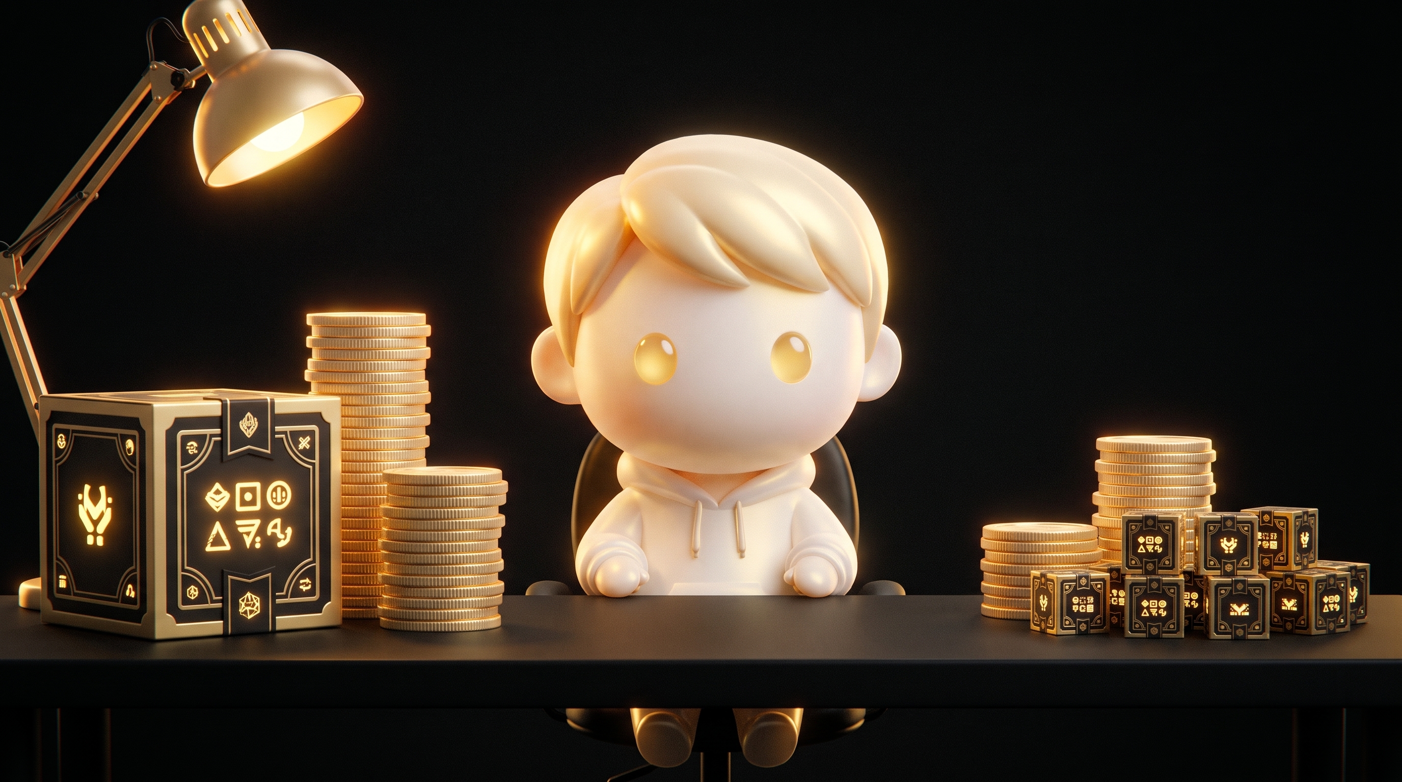 The Godmode mascot at a desk with two stacks of gold coins side by side, a tall stack labelled by a single large product box and a short stack beside many tiny boxes, warm desk lamp light