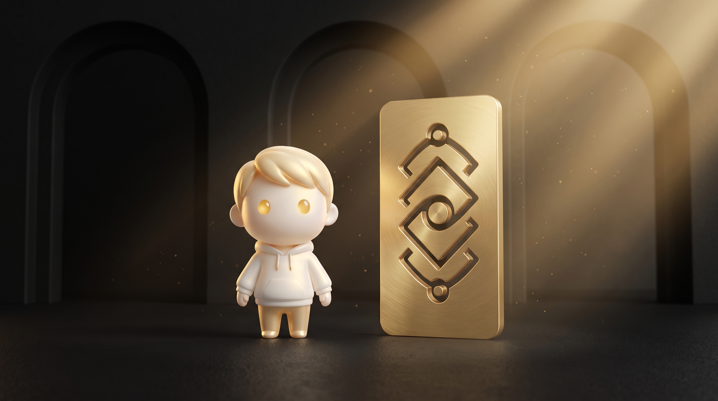 The Godmode mascot studying a tall premium product page mockup on a large monitor, with sticky notes around the screen reading like checklist marks for reviews, returns, specs and guarantees, warm focused desk lighting