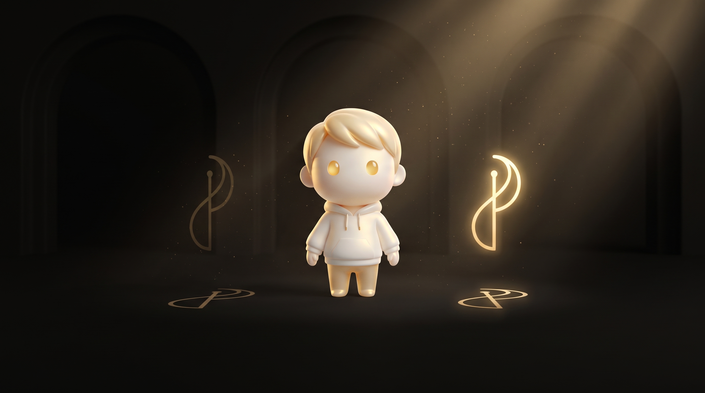 The Godmode mascot standing at a fork between two clean desk setups, one with a single large premium product and one with many small products, golden morning light through a wide window