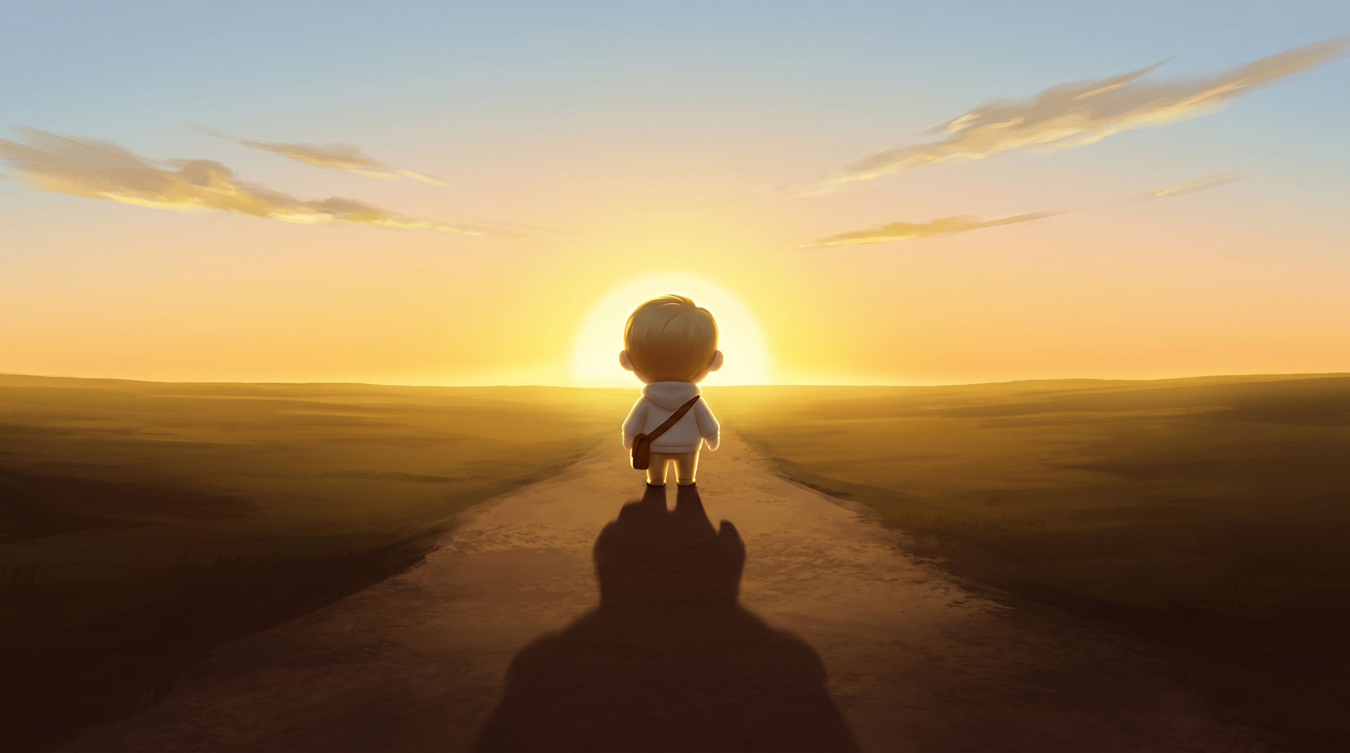 The Godmode mascot alone from behind, walking toward a golden sunrise across a wide empty landscape, long shadow trailing behind