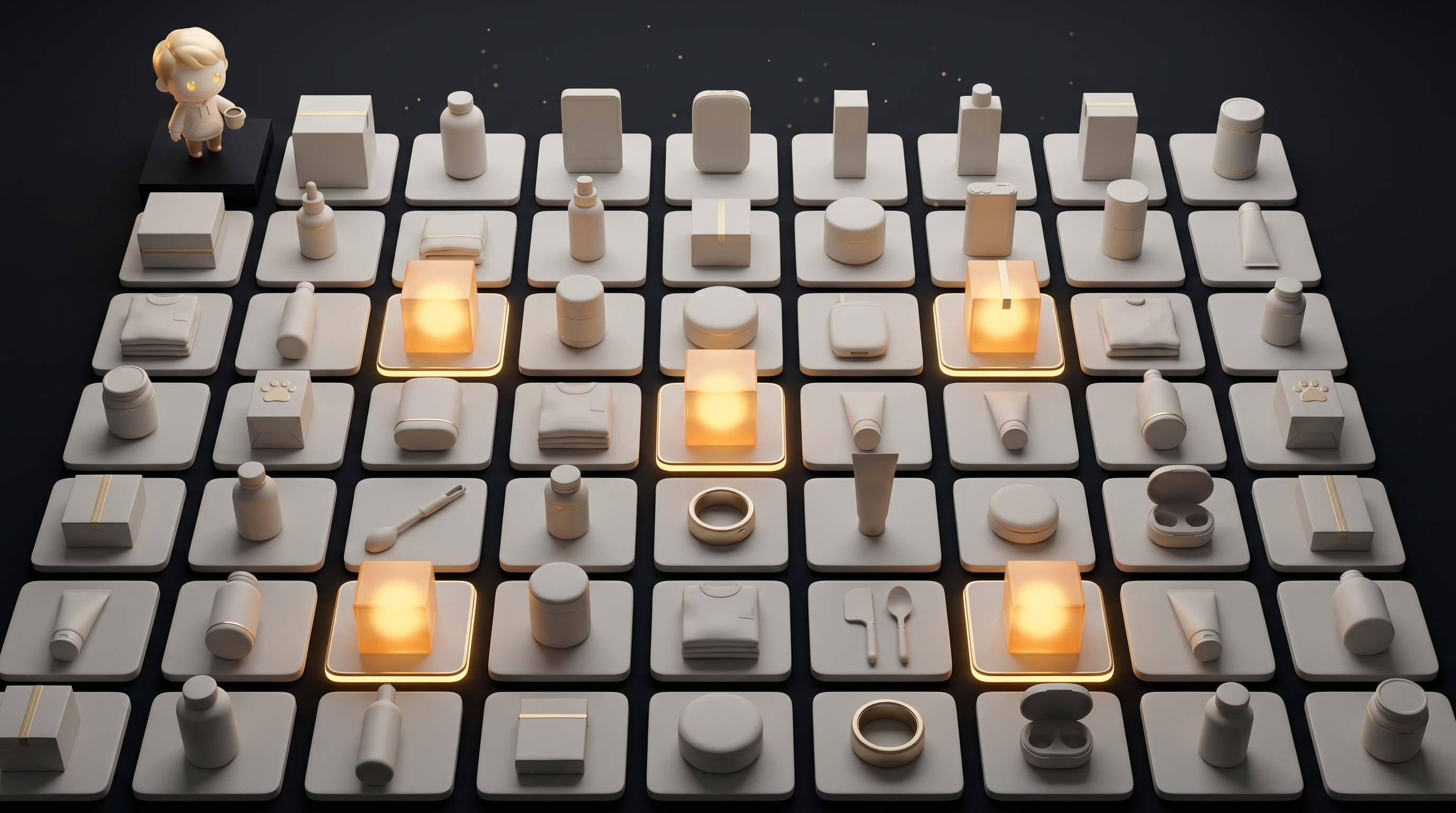 A vast grid of 100 unbranded products, a few of them glowing gold to indicate winners, the Godmode mascot overseeing from a platform with a cup of coffee