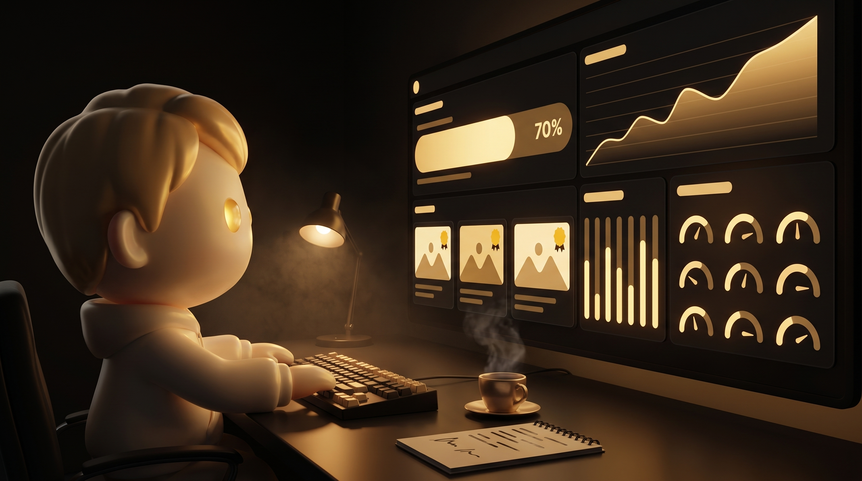 An ad-campaign dashboard at night, conversion rate data lighting up in warm gold as paid traffic arrives, the Godmode mascot at the keyboard reading the metrics