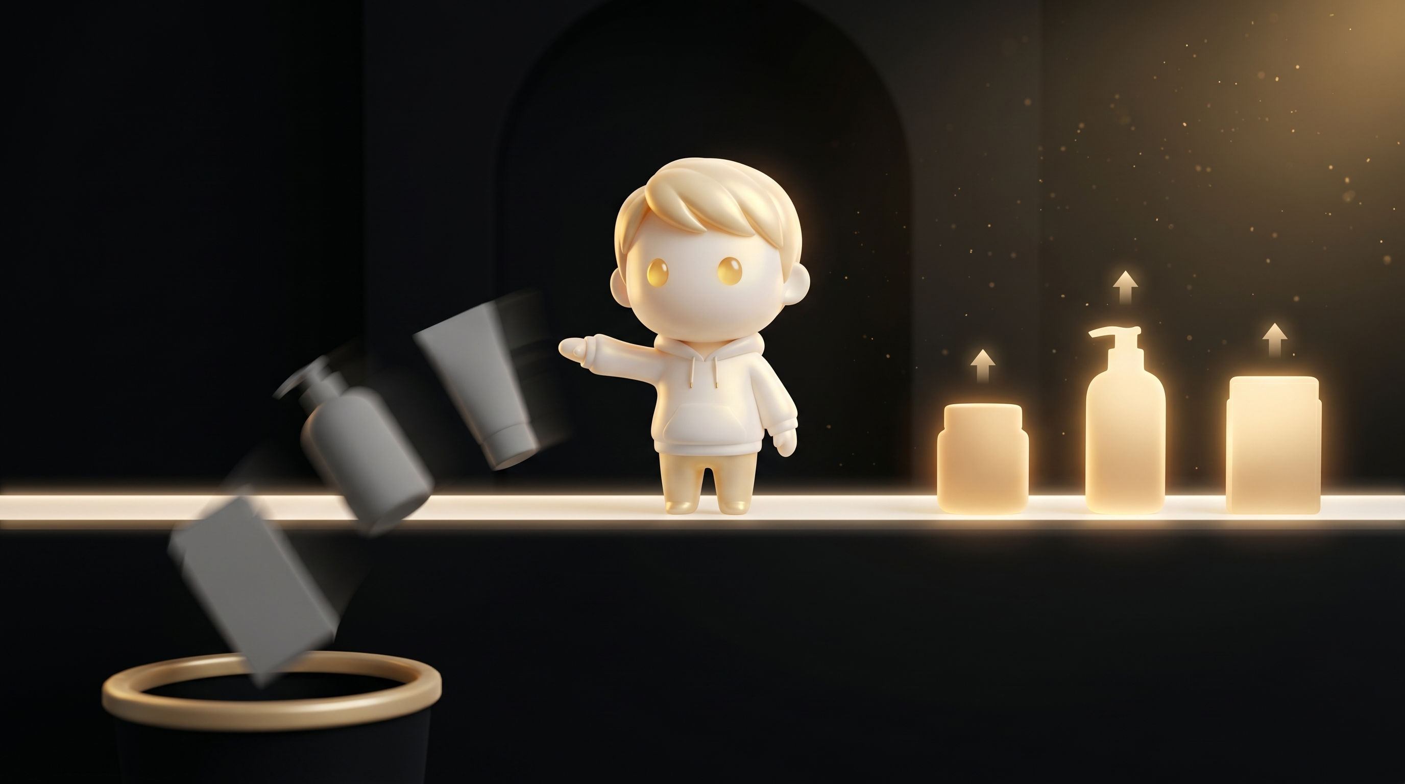 A horizontal track with 6 product silhouettes lined up. The Godmode mascot has just decisively swept 3 dim losers off the track into a wastebin while 3 glowing gold winners remain with upward arrows above them