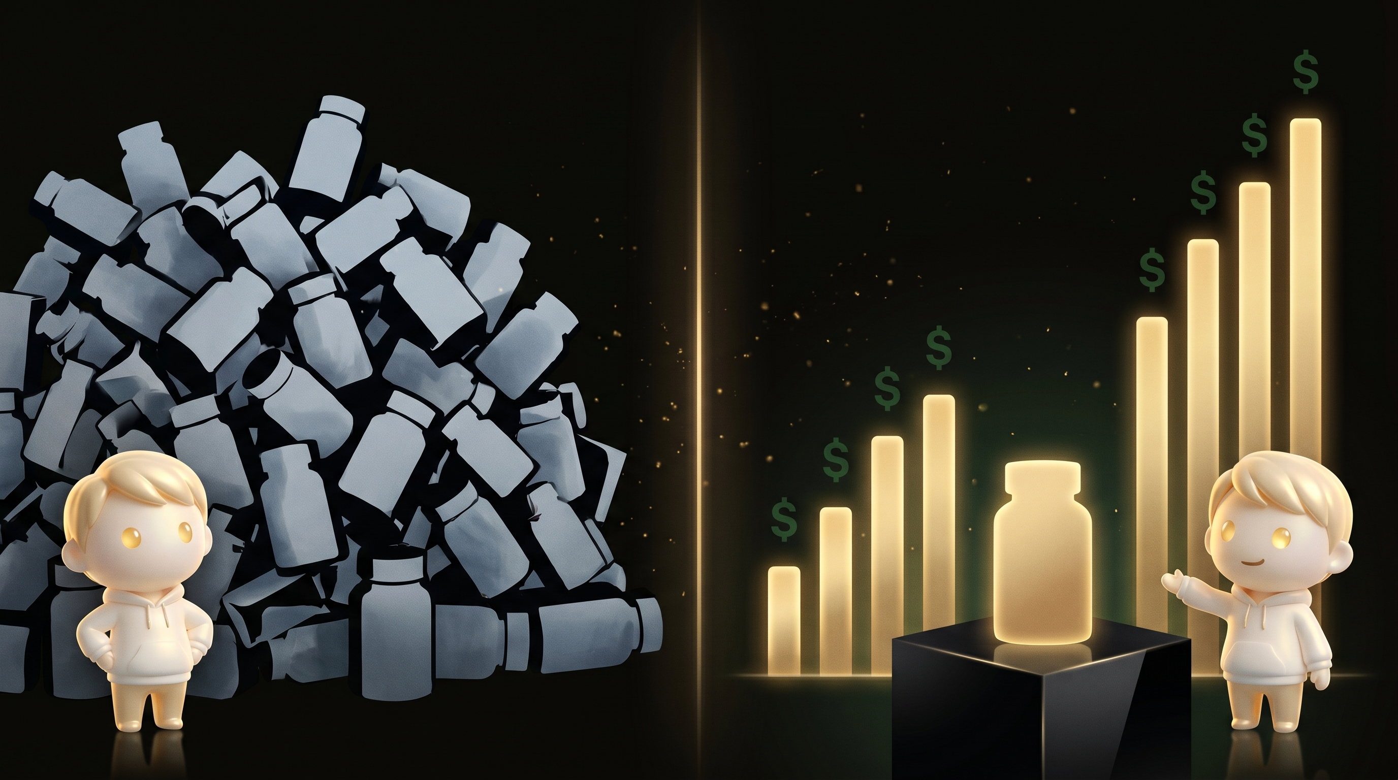 A split-frame: on the left a chaotic pile of 30 identical product silhouettes representing a saturated viral product, on the right a single clean product on a pedestal with rising warm gold conversion bar charts behind it, the Godmode mascot present on both sides
