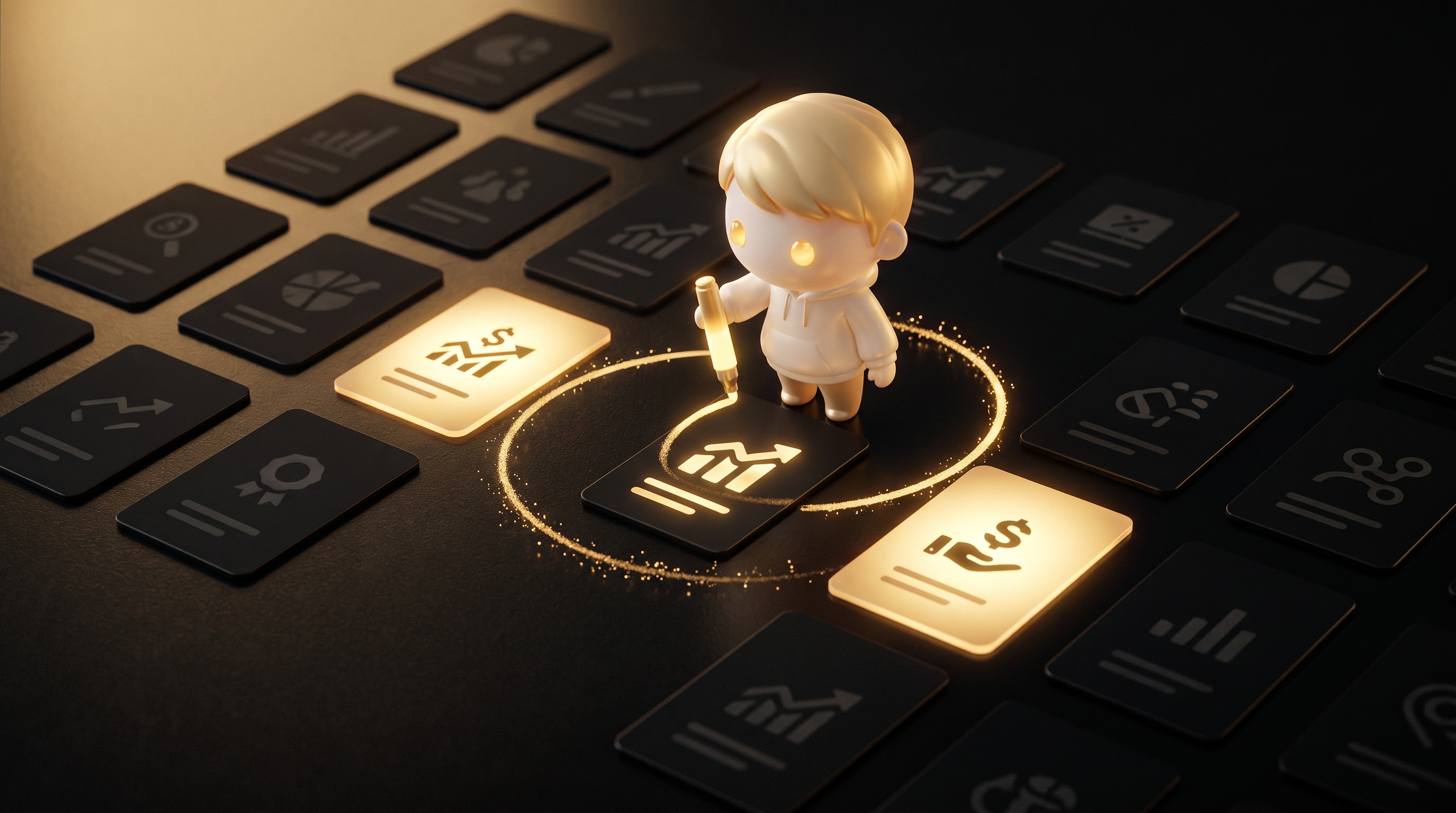 A clean obsidian desk with a grid of twenty small product cards, most dimmed grey and two glowing gold to show the portfolio hit rate, the Godmode mascot circling the two winners with a marker